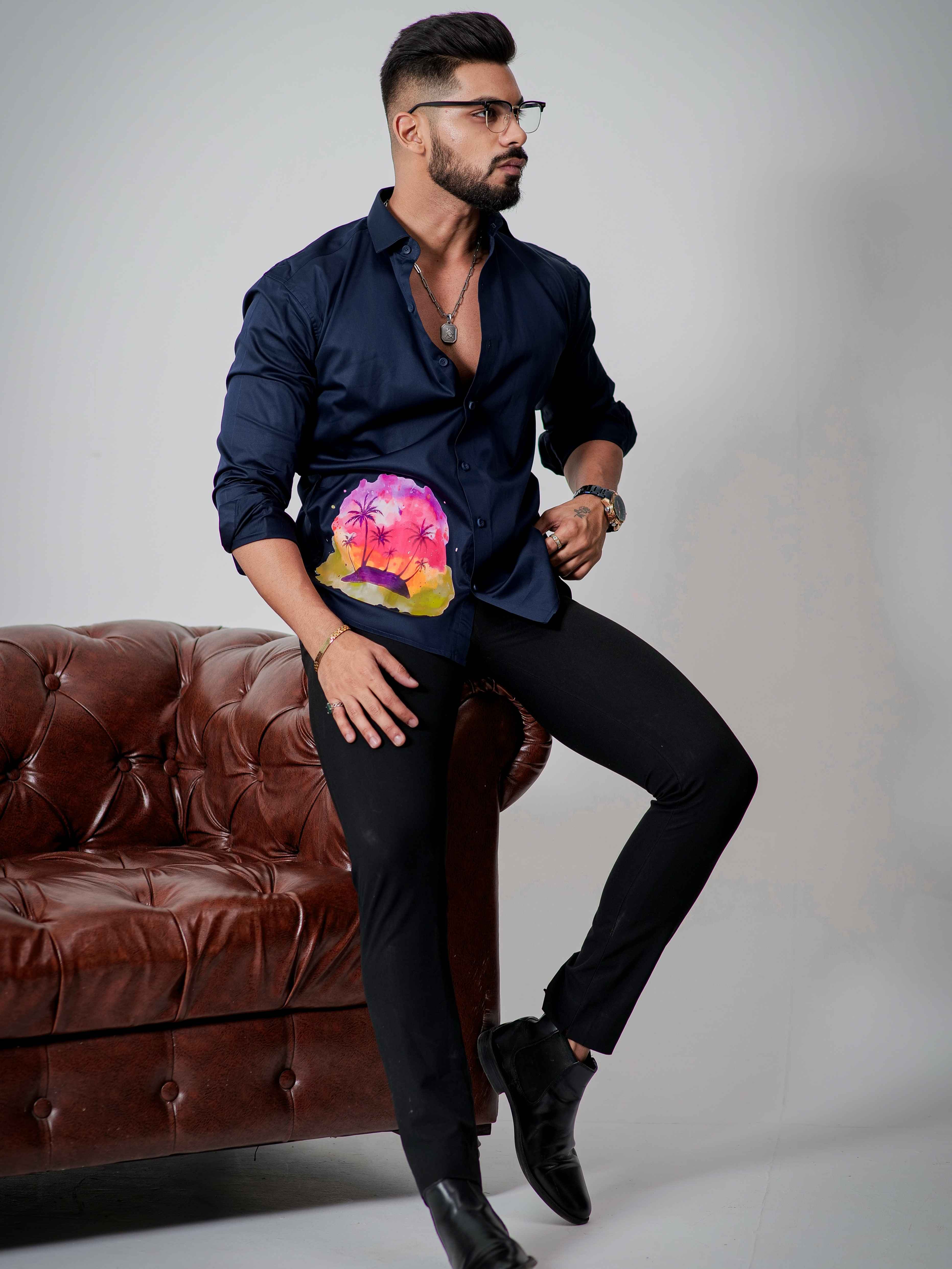 Blue Club Wear Printed Satin Cotton Shirt - Image 3