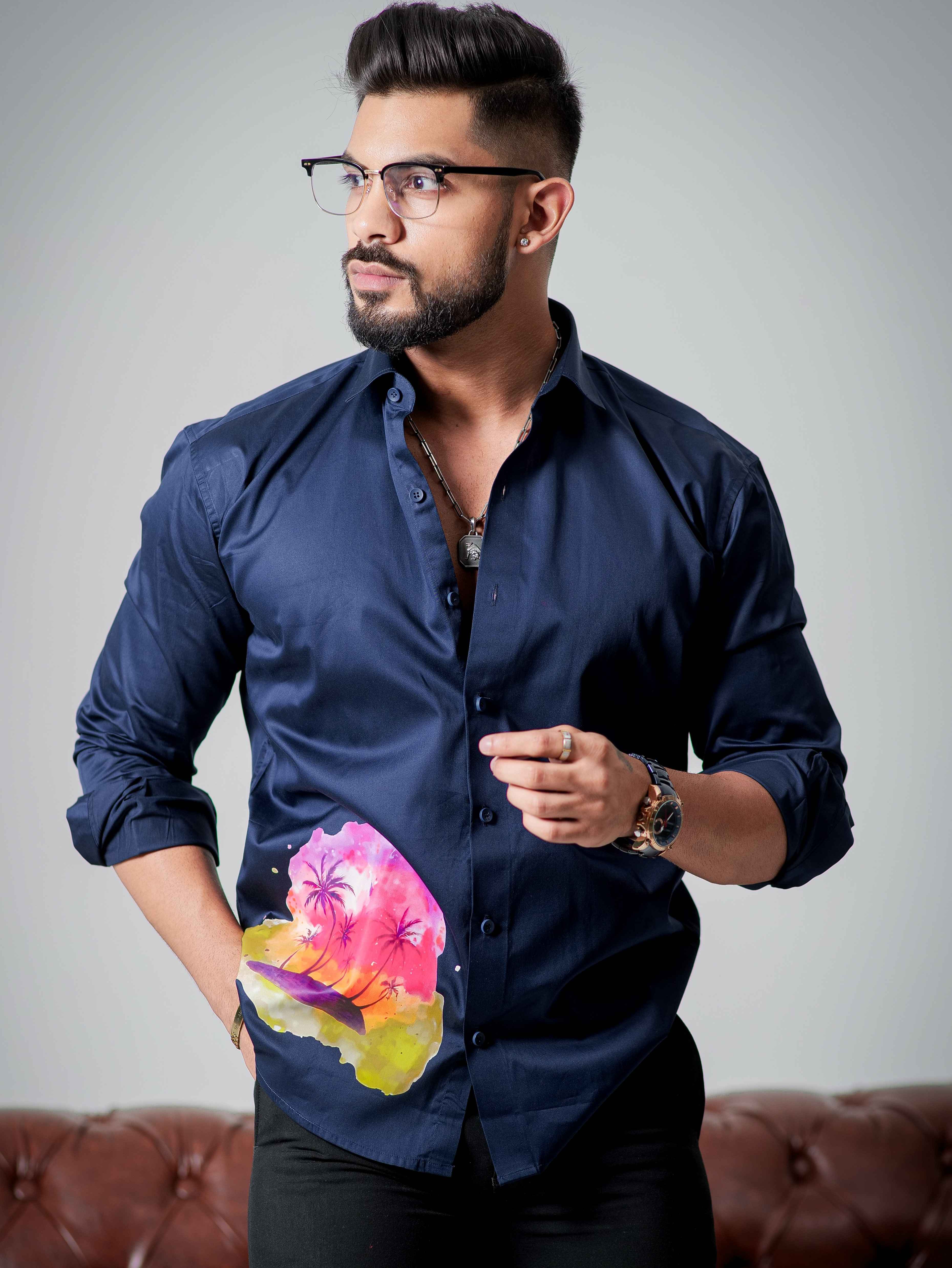 Blue Club Wear Printed Satin Cotton Shirt - Image 4
