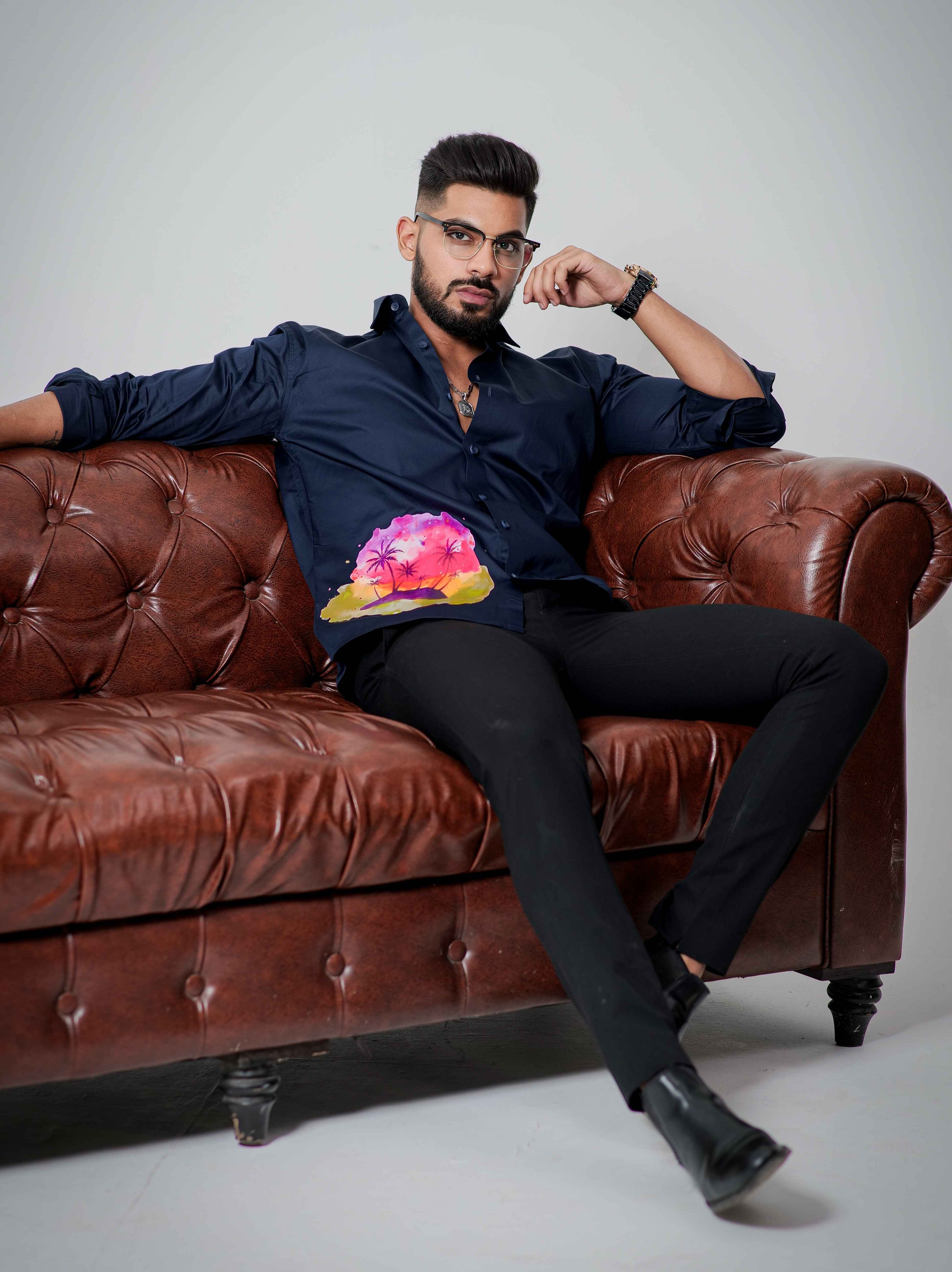 Blue Club Wear Printed Satin Cotton Shirt - Image 6