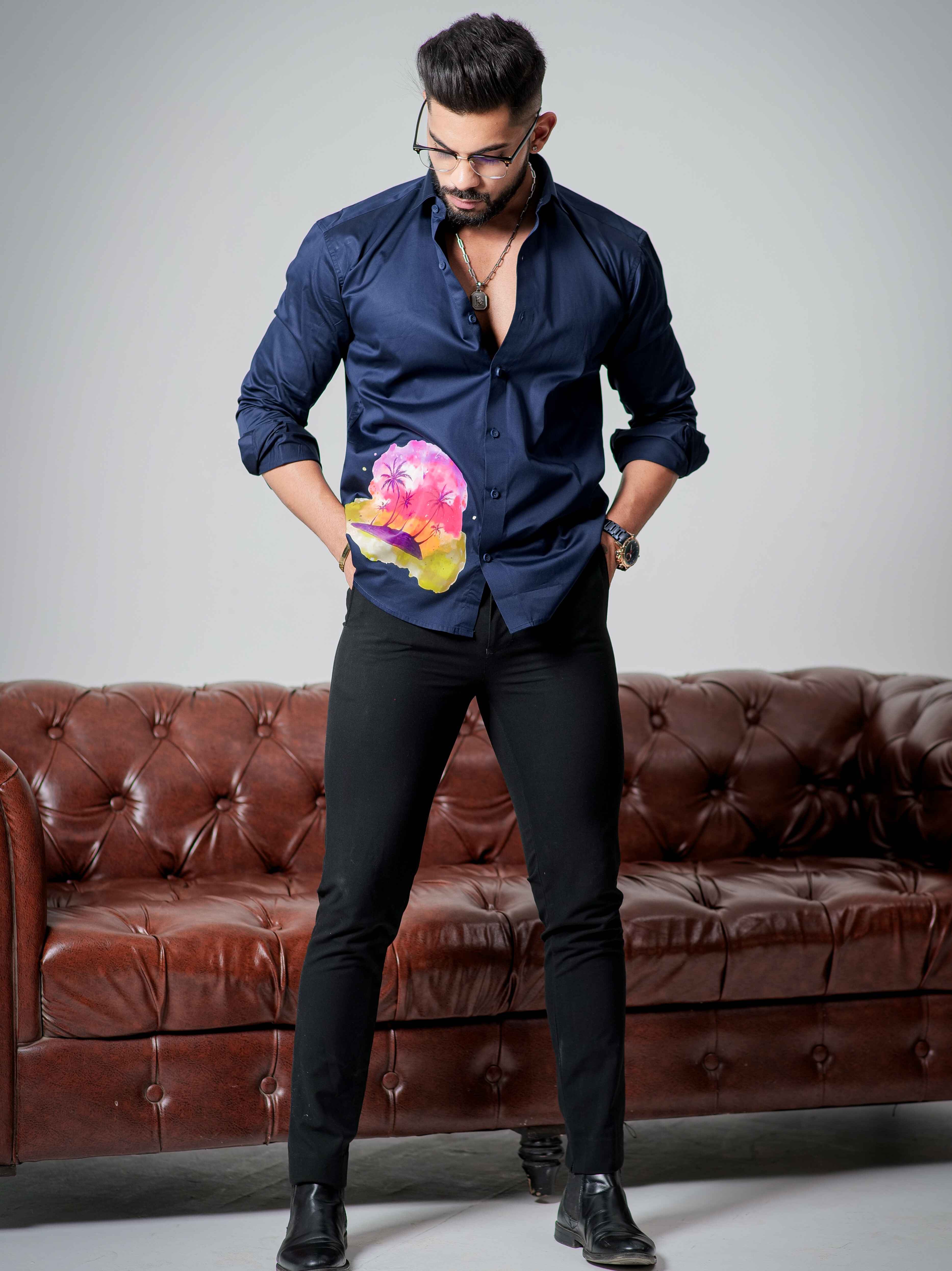 Blue Club Wear Printed Satin Cotton Shirt - Image 7