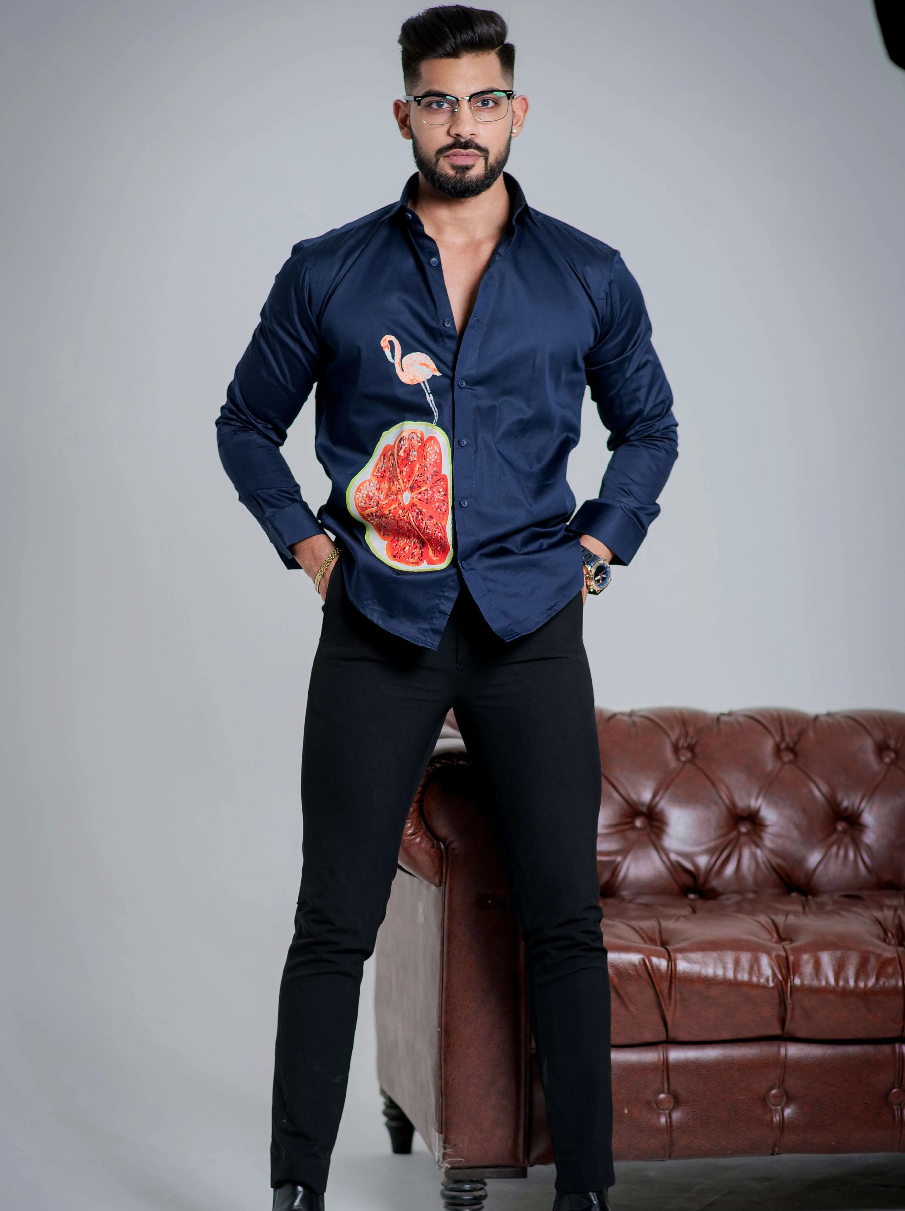 Blue Club Wear Printed Satin Cotton Shirt - Image 3