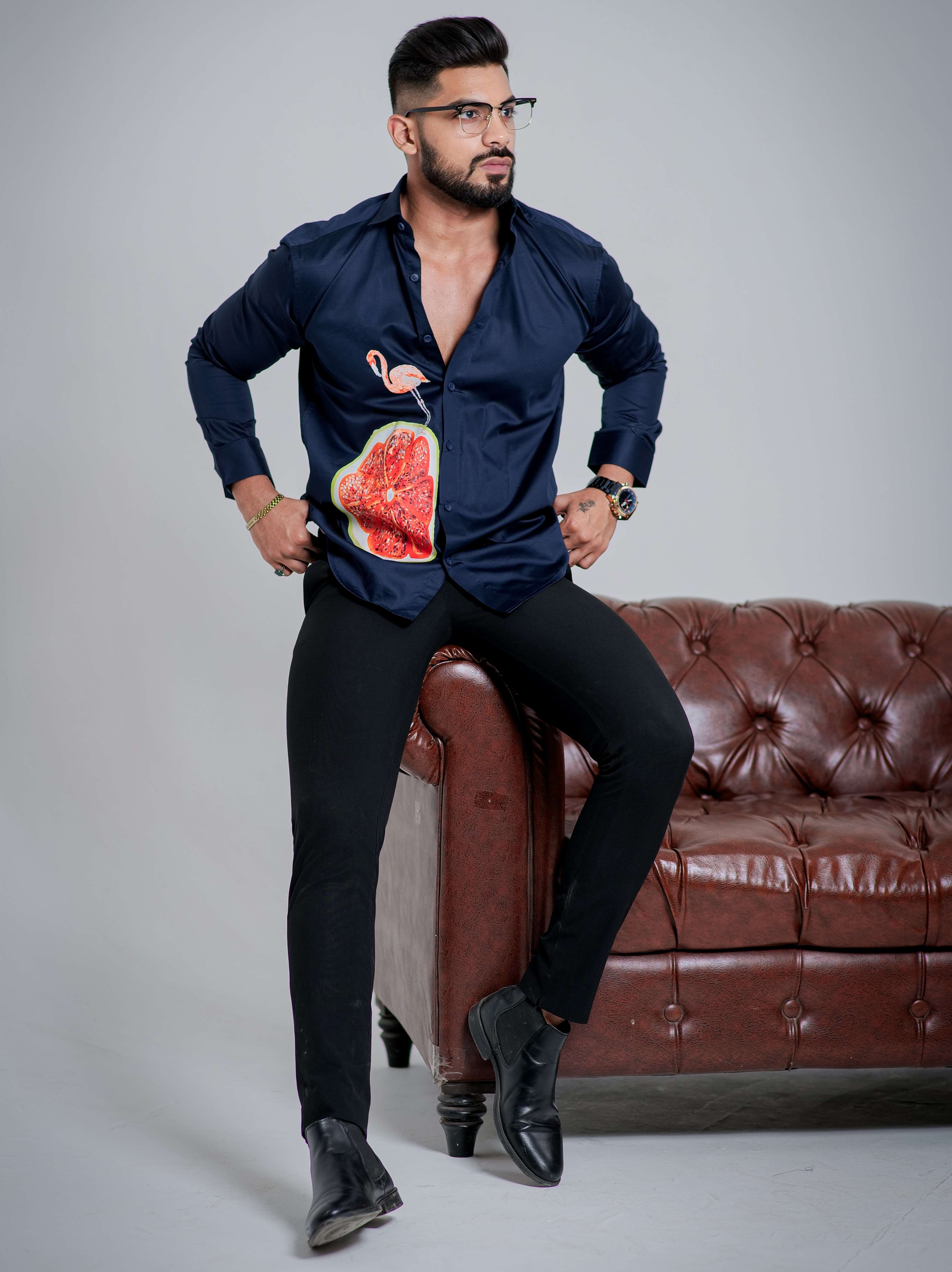 Blue Club Wear Printed Satin Cotton Shirt - Image 6