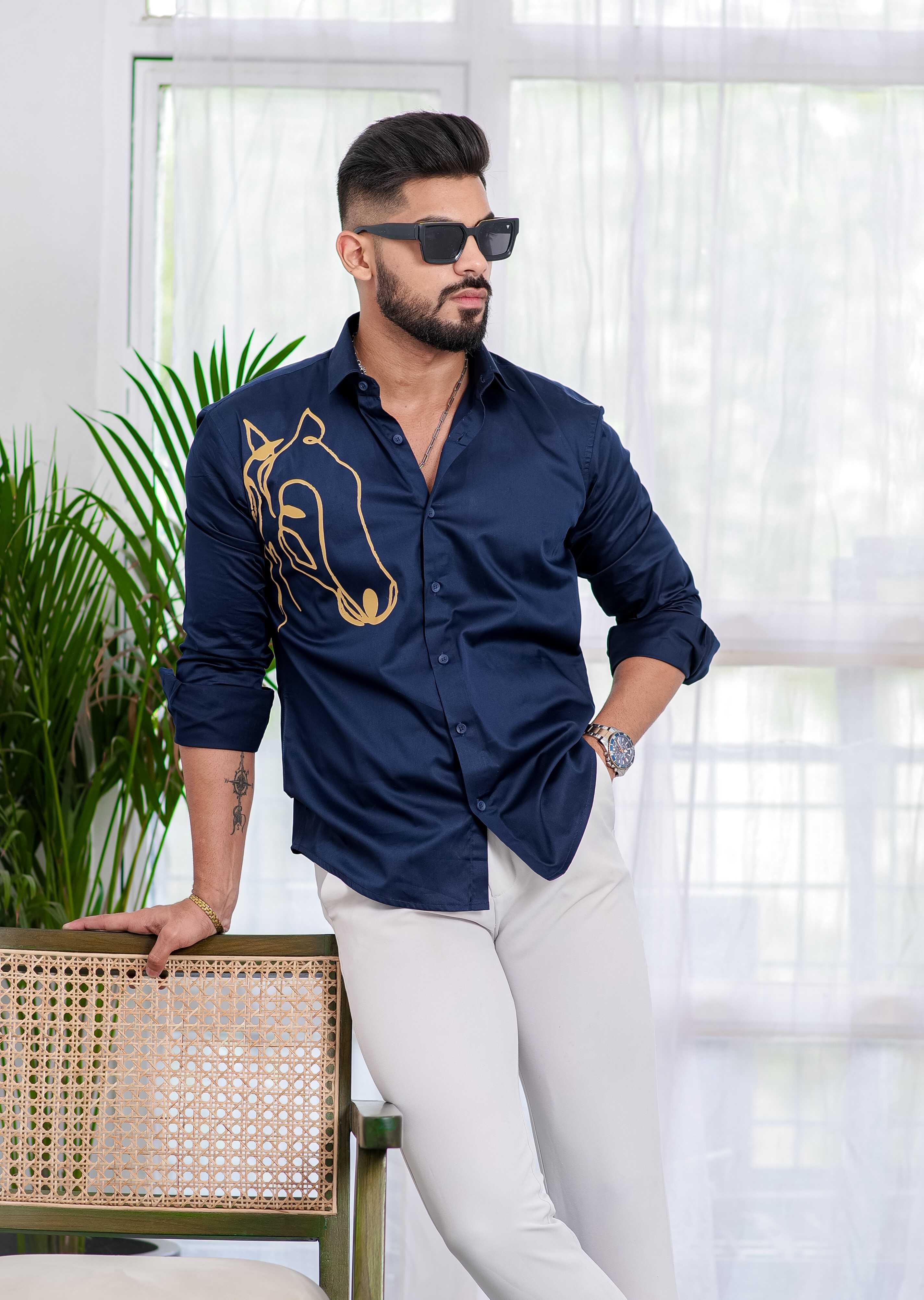 Blue Club Wear Printed Satin Cotton Shirt - Image 4