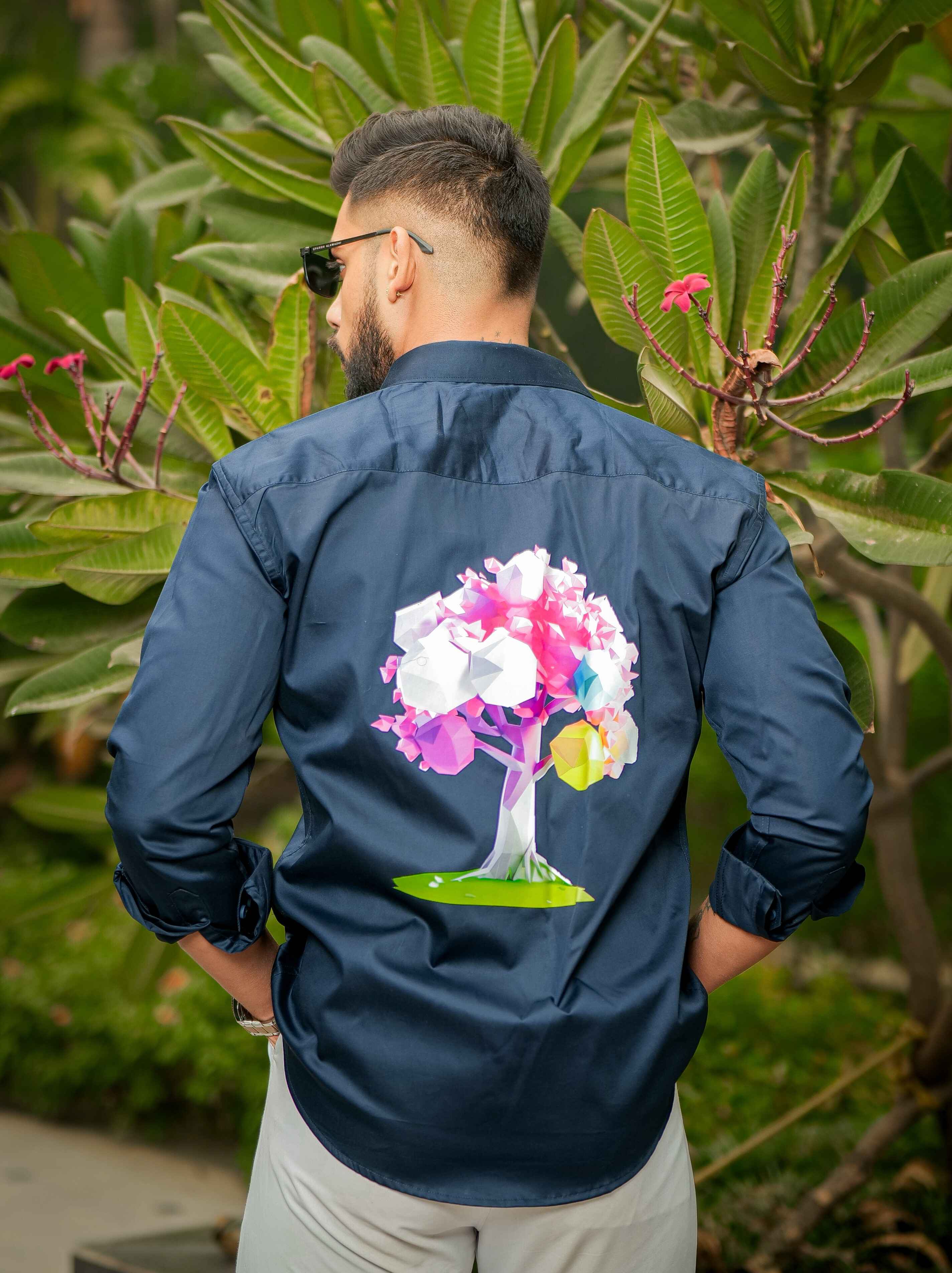 Blue Club Wear Printed Satin Cotton Shirt - Image 4