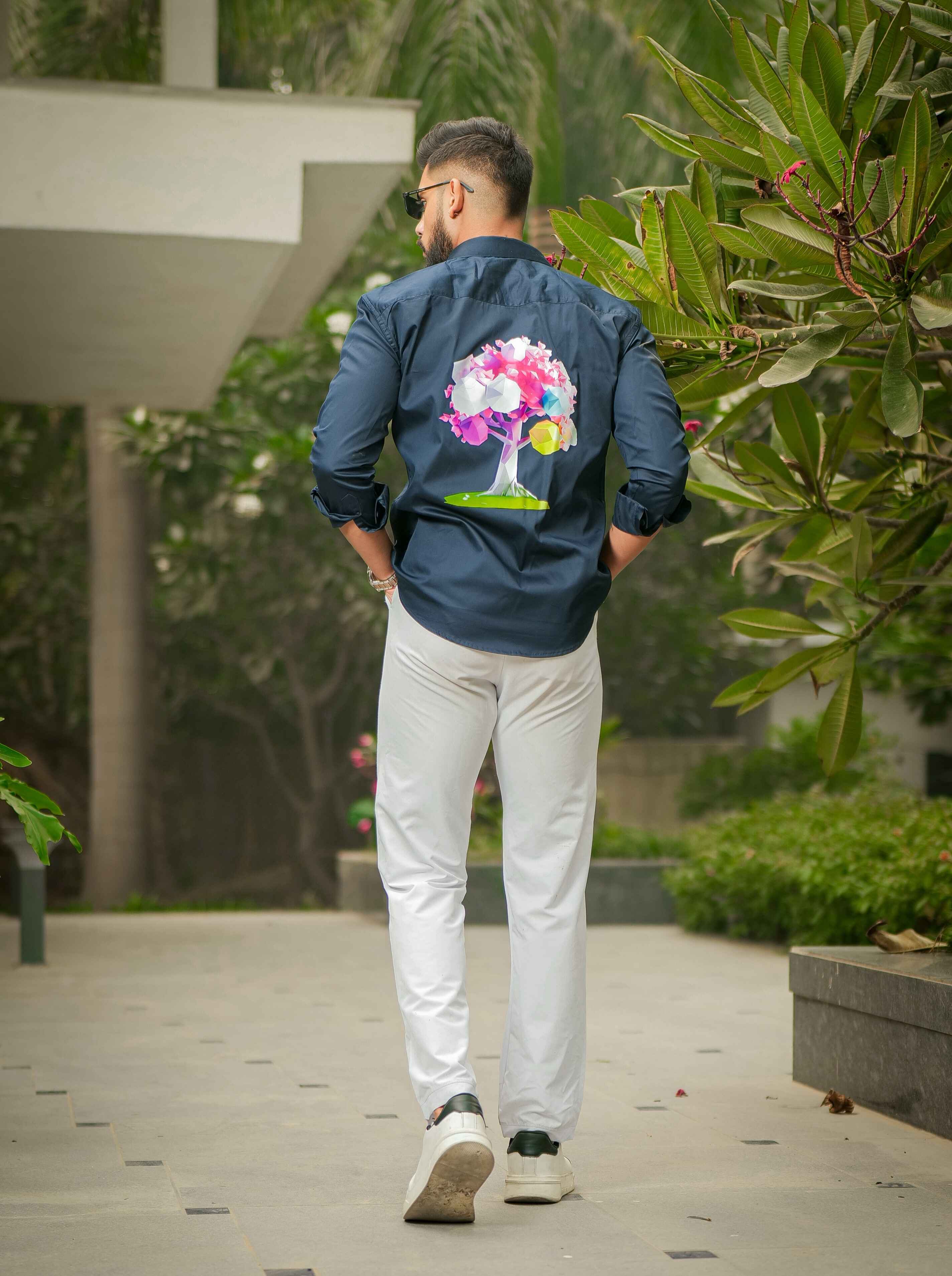 Blue Club Wear Printed Satin Cotton Shirt - Image 6