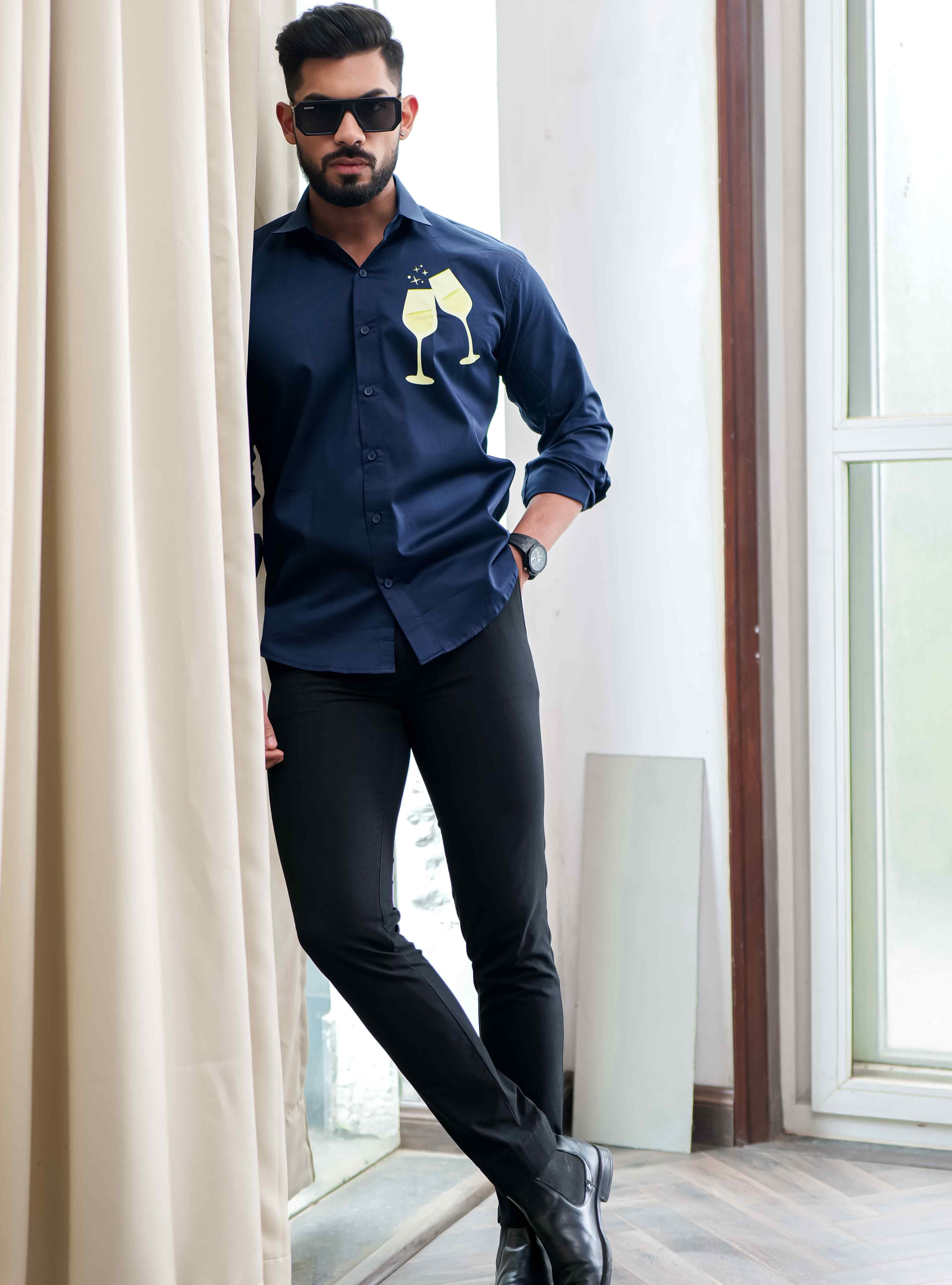 Blue Club Wear Printed Satin Cotton Shirt - Image 4