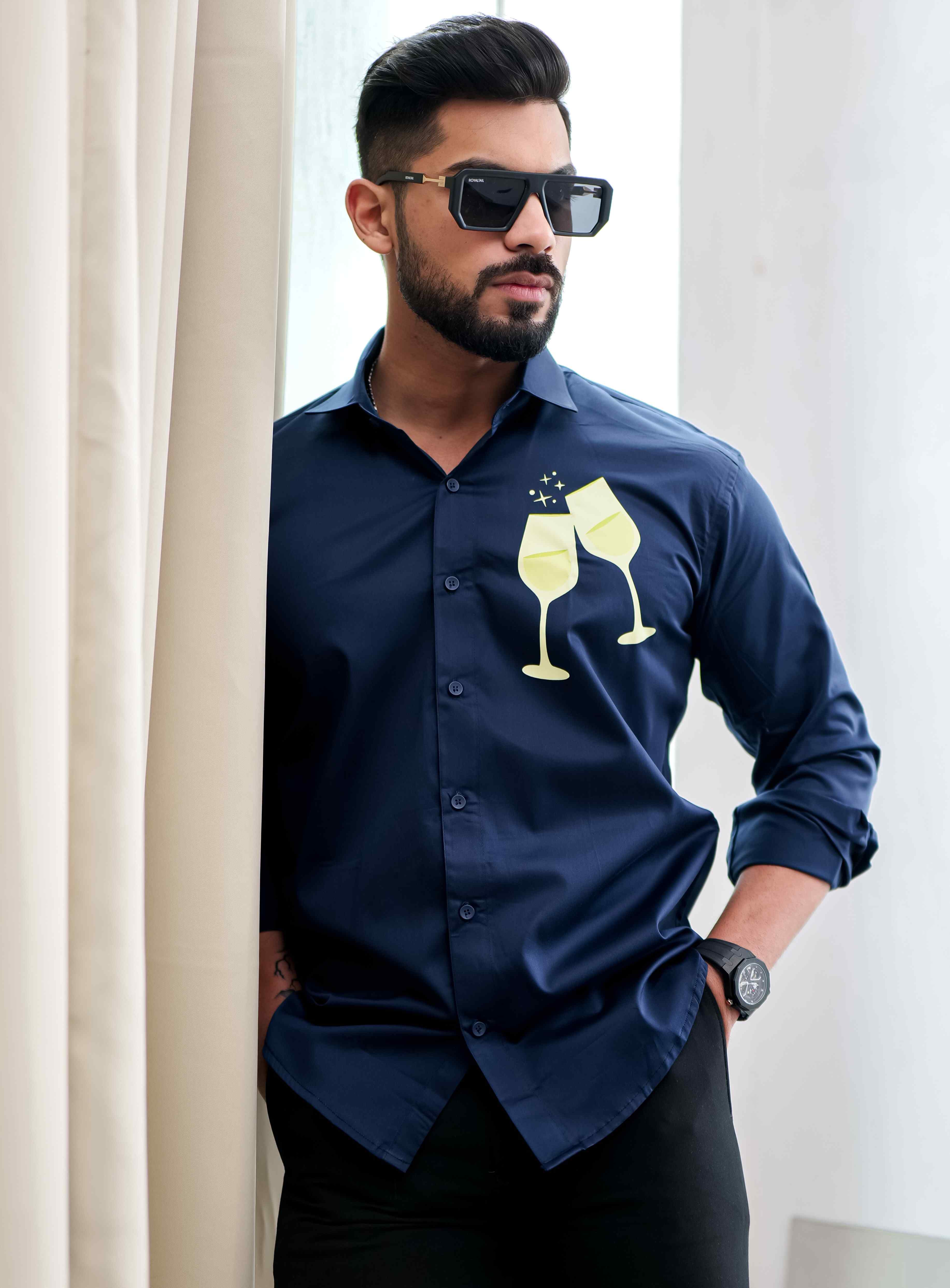 Blue Club Wear Printed Satin Cotton Shirt - Image 5