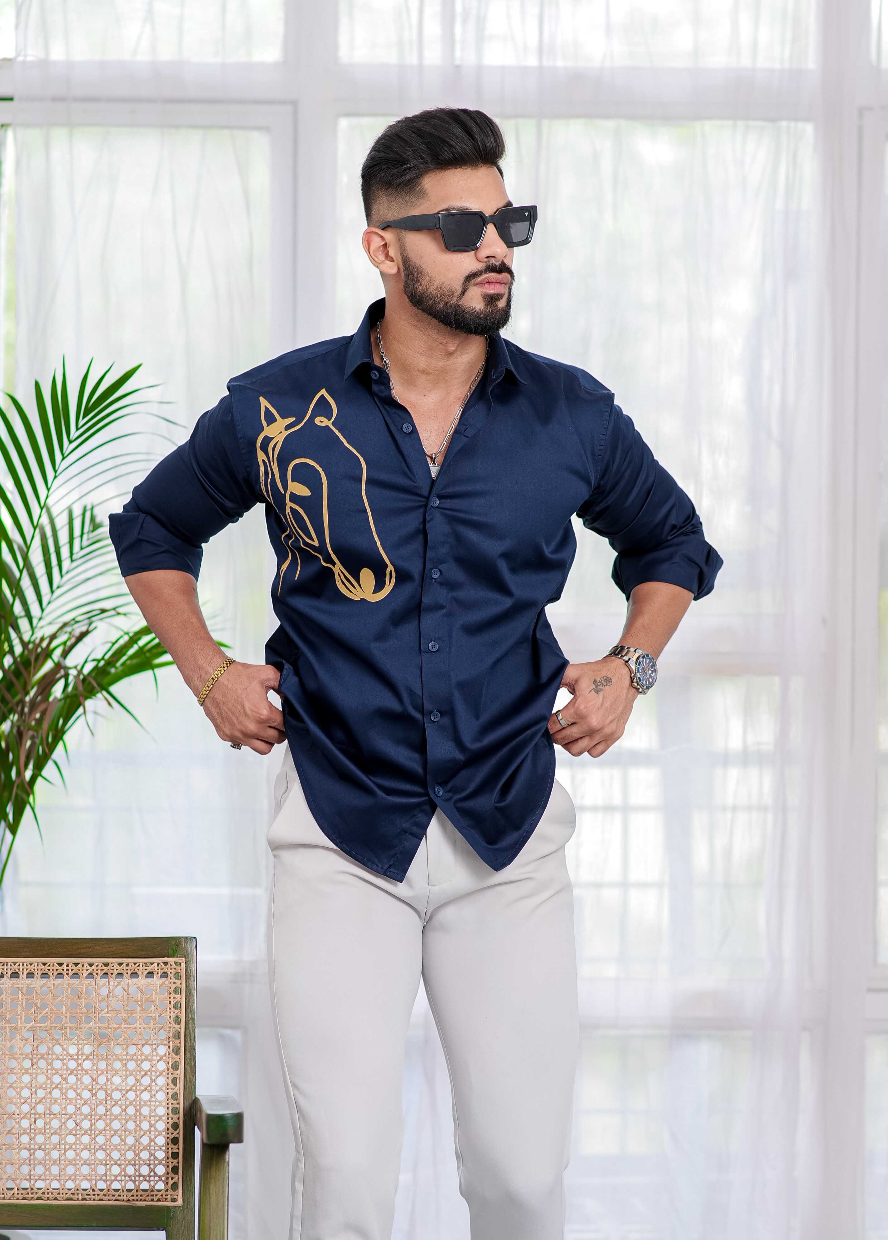 Blue Club Wear Printed Satin Cotton Shirt - Image 6