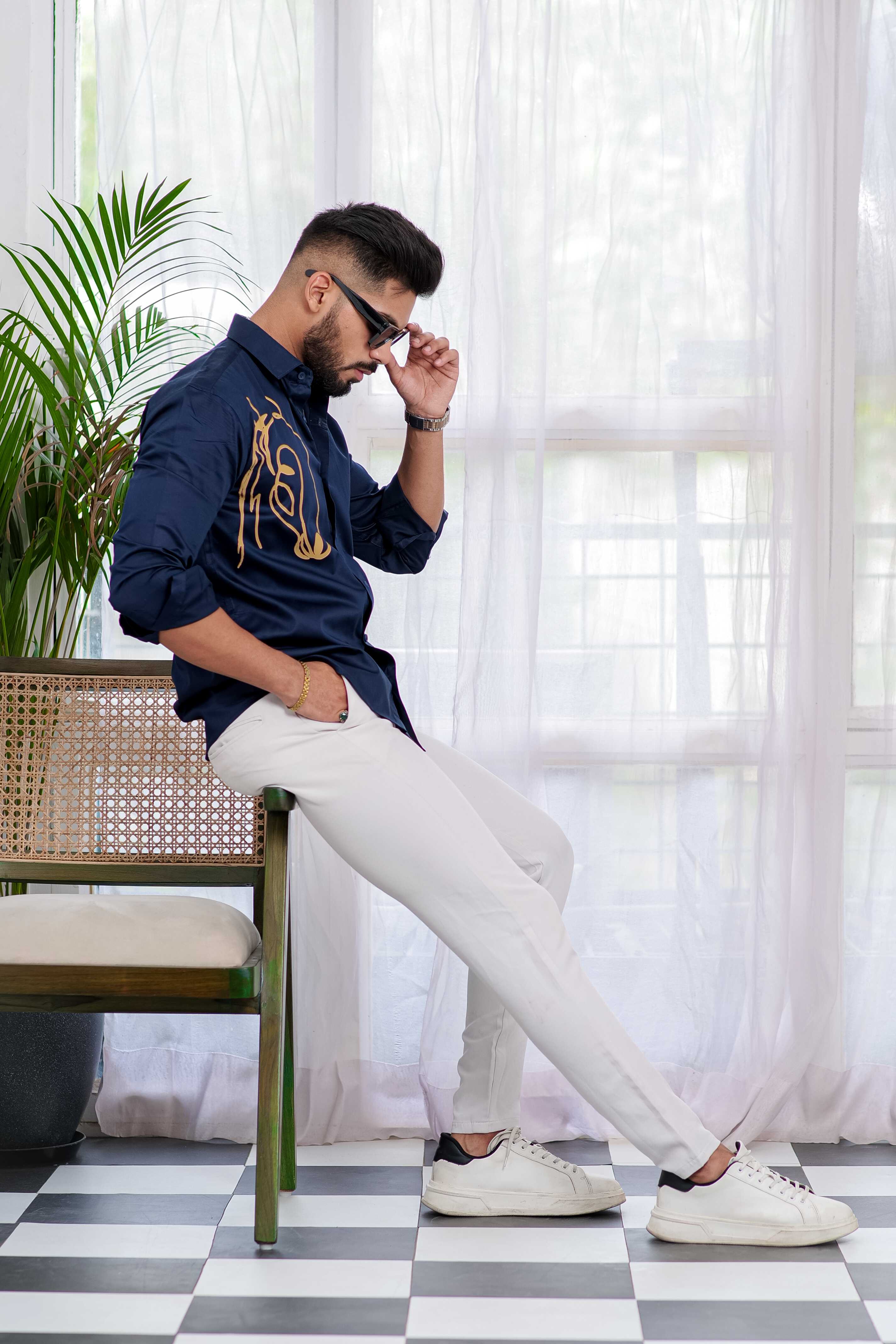 Blue Club Wear Printed Satin Cotton Shirt - Image 8