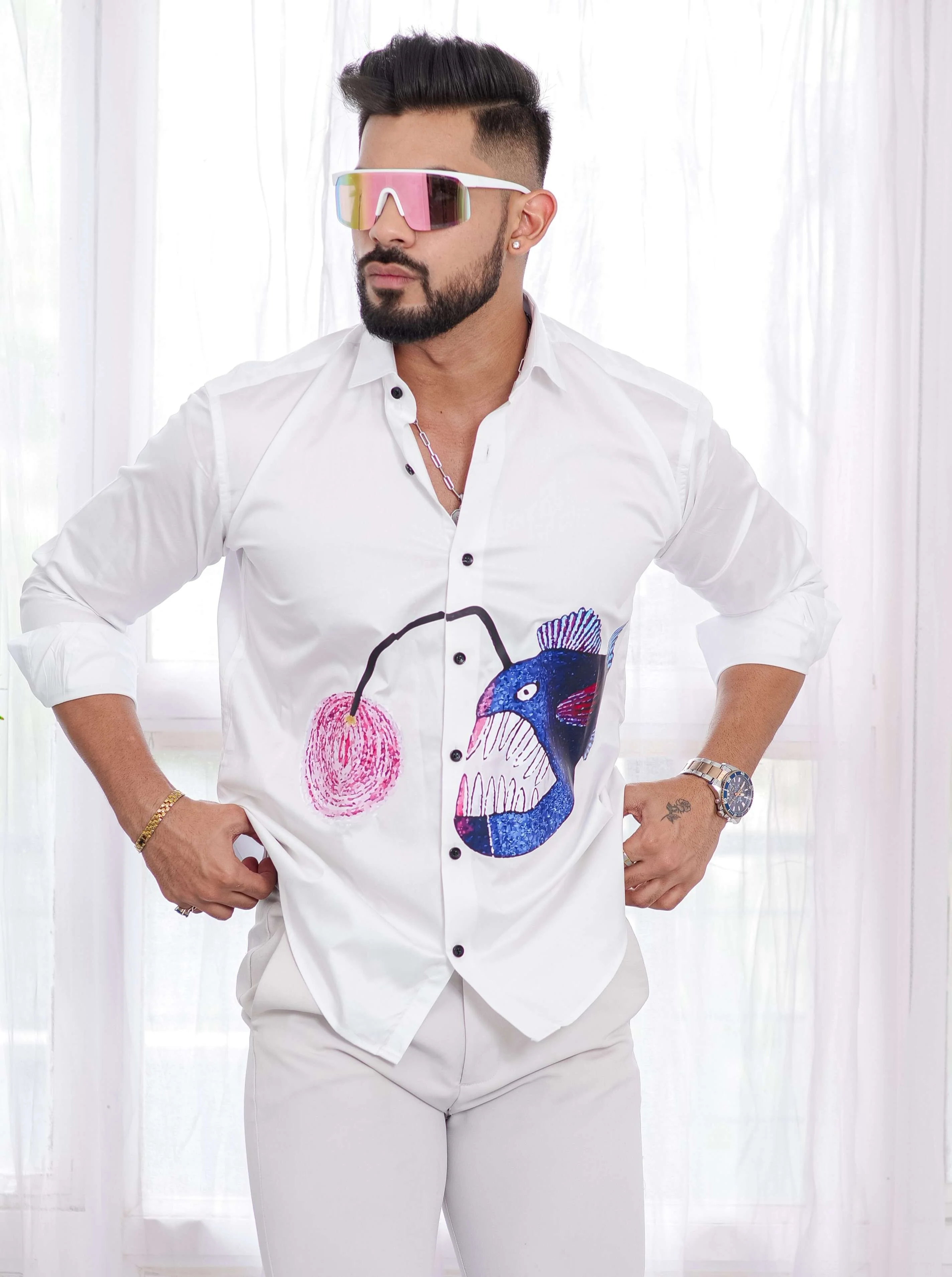 Blue Fish White Club Wear Printed Satin Cotton Shirt - Image 5