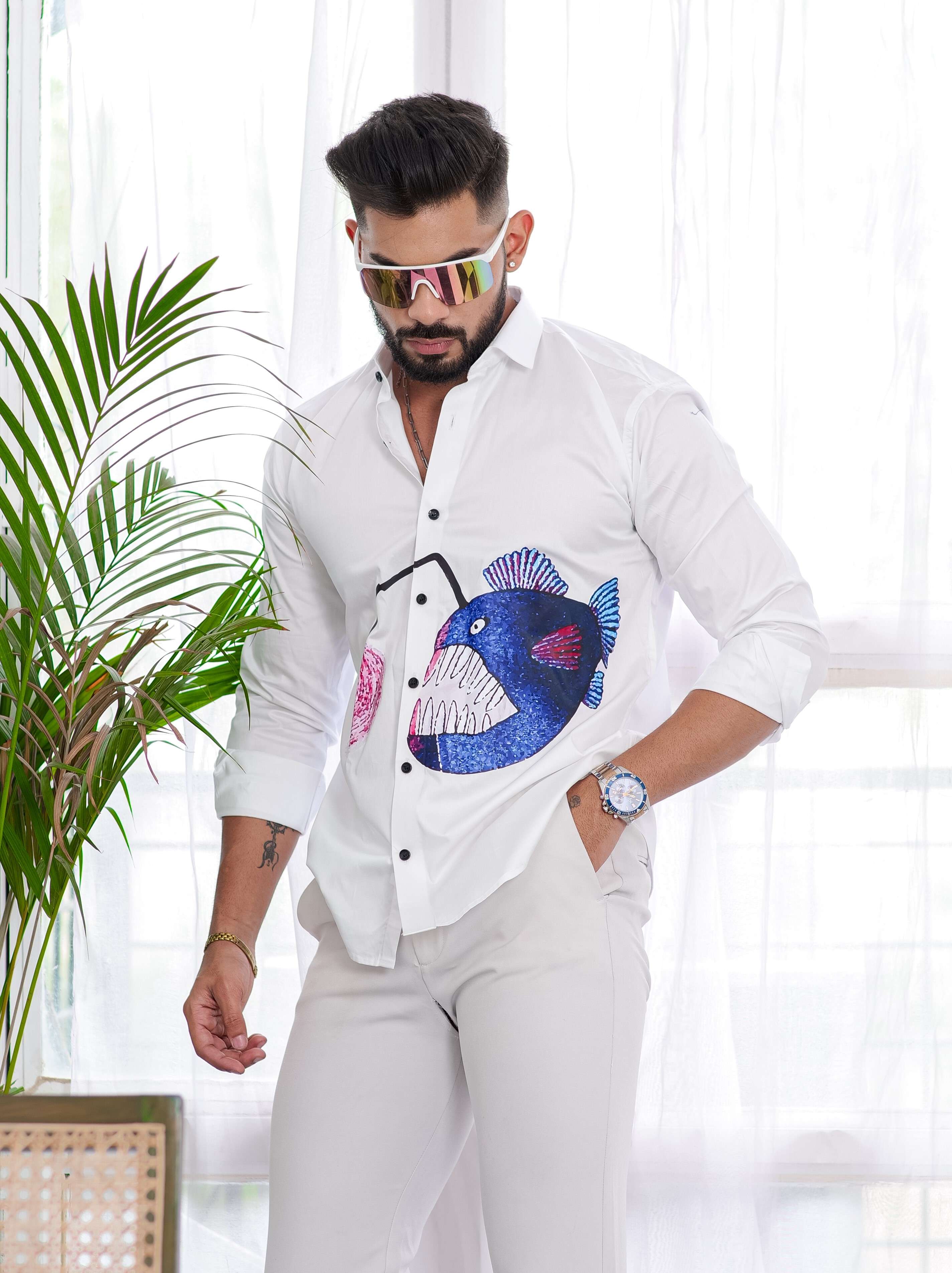 Blue Fish White Club Wear Printed Satin Cotton Shirt - Image 6
