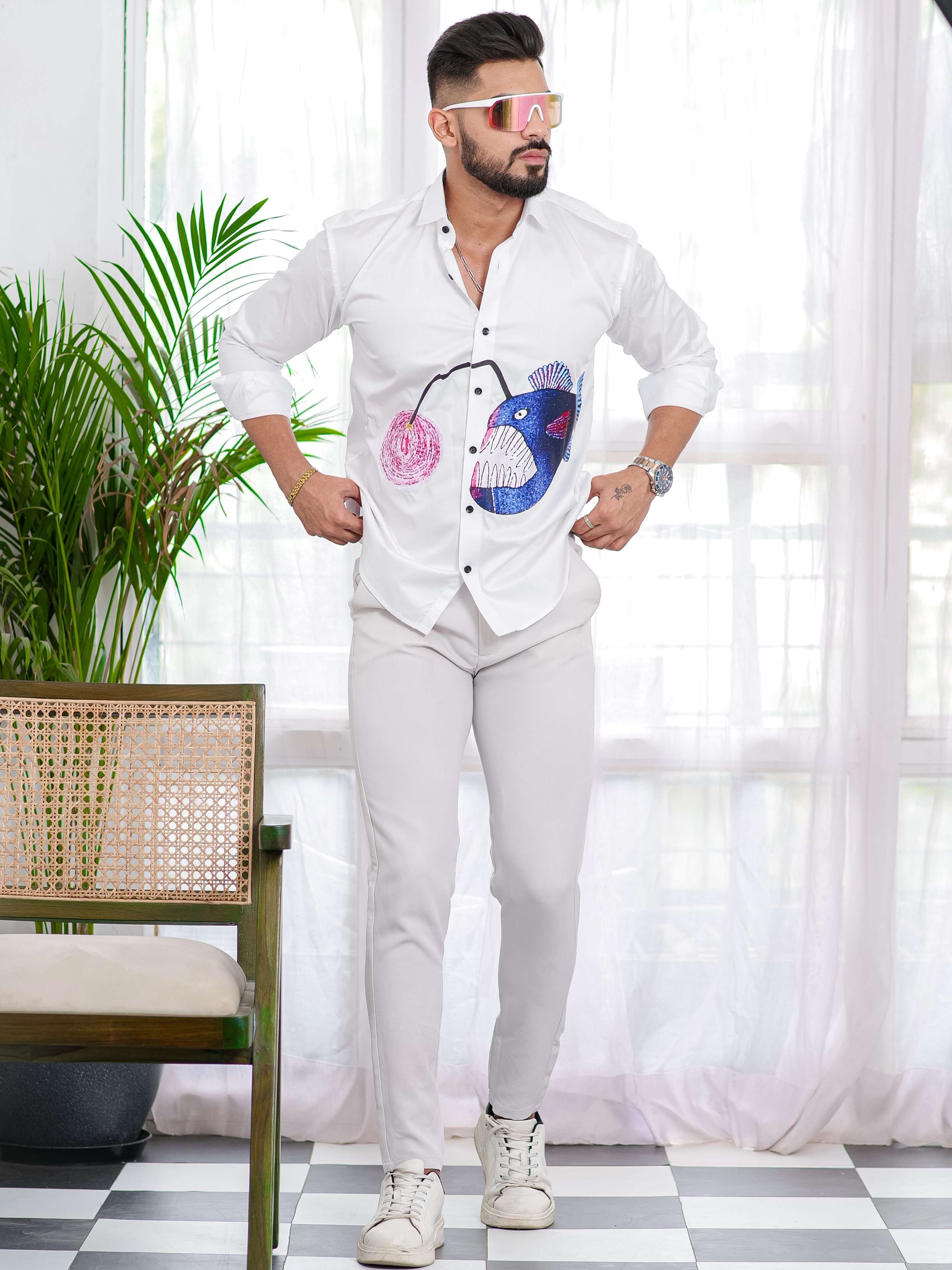 Blue Fish White Club Wear Printed Satin Cotton Shirt - Image 8
