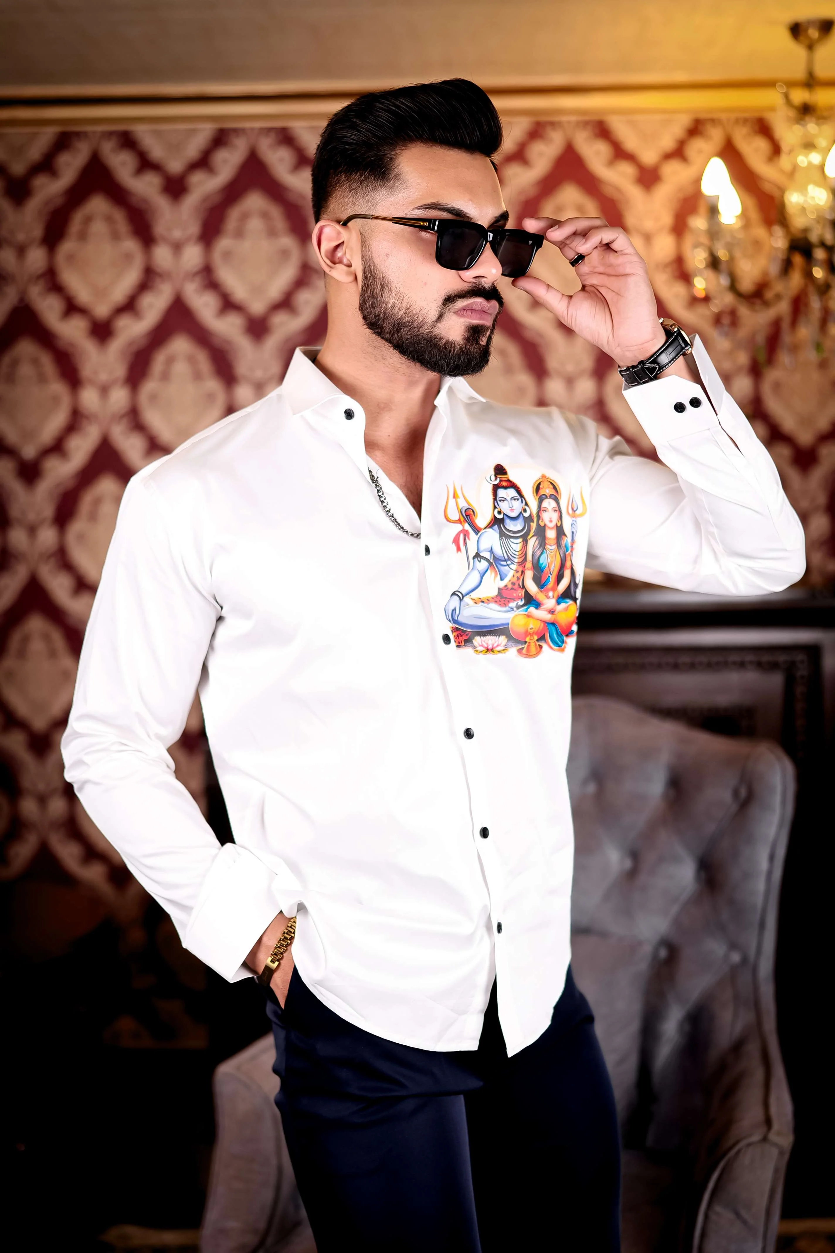 White Lord Adiparashakti Club Wear Printed Satin Cotton Shirt - Image 10
