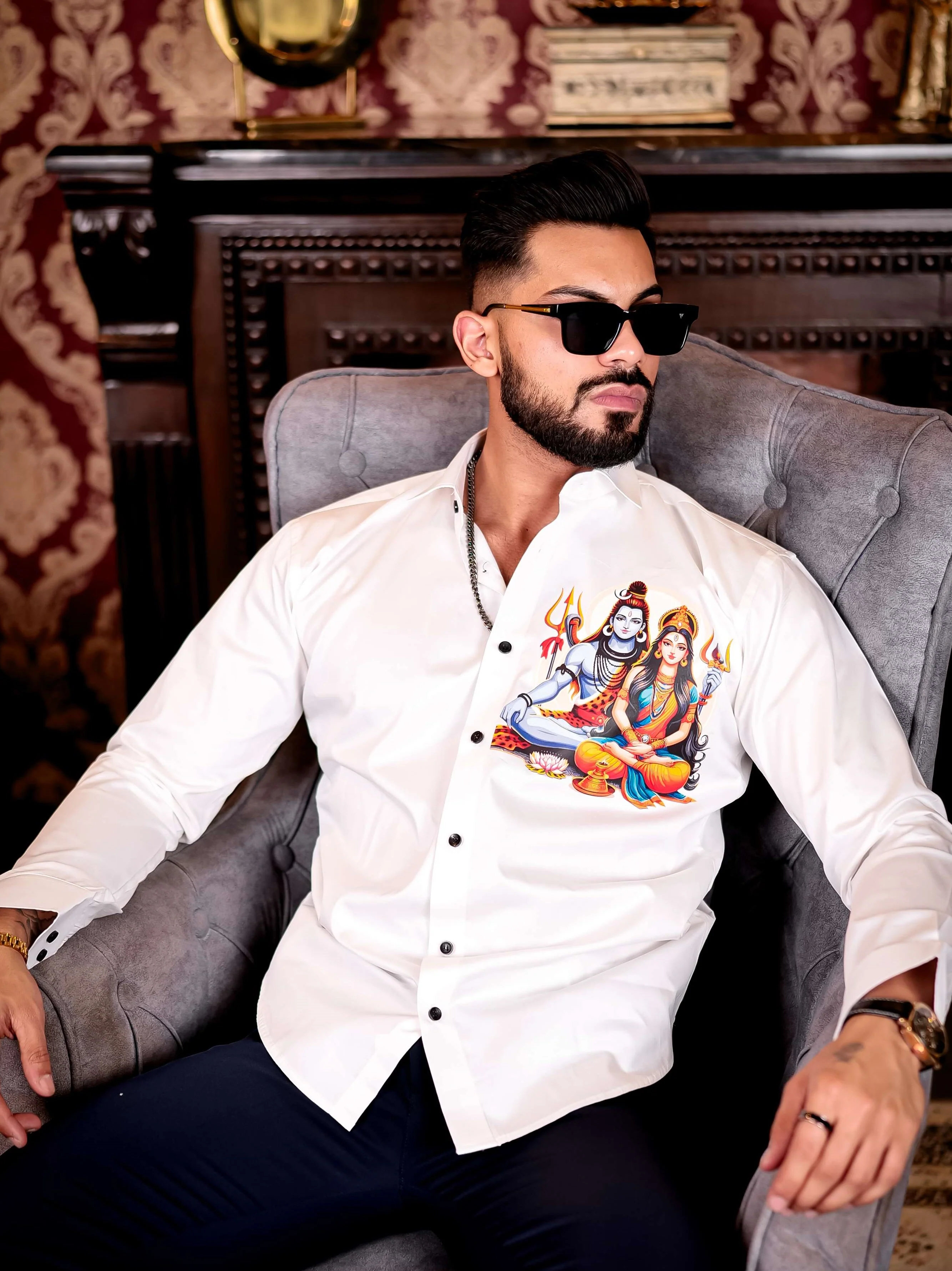 White Lord Adiparashakti Club Wear Printed Satin Cotton Shirt - Image 2