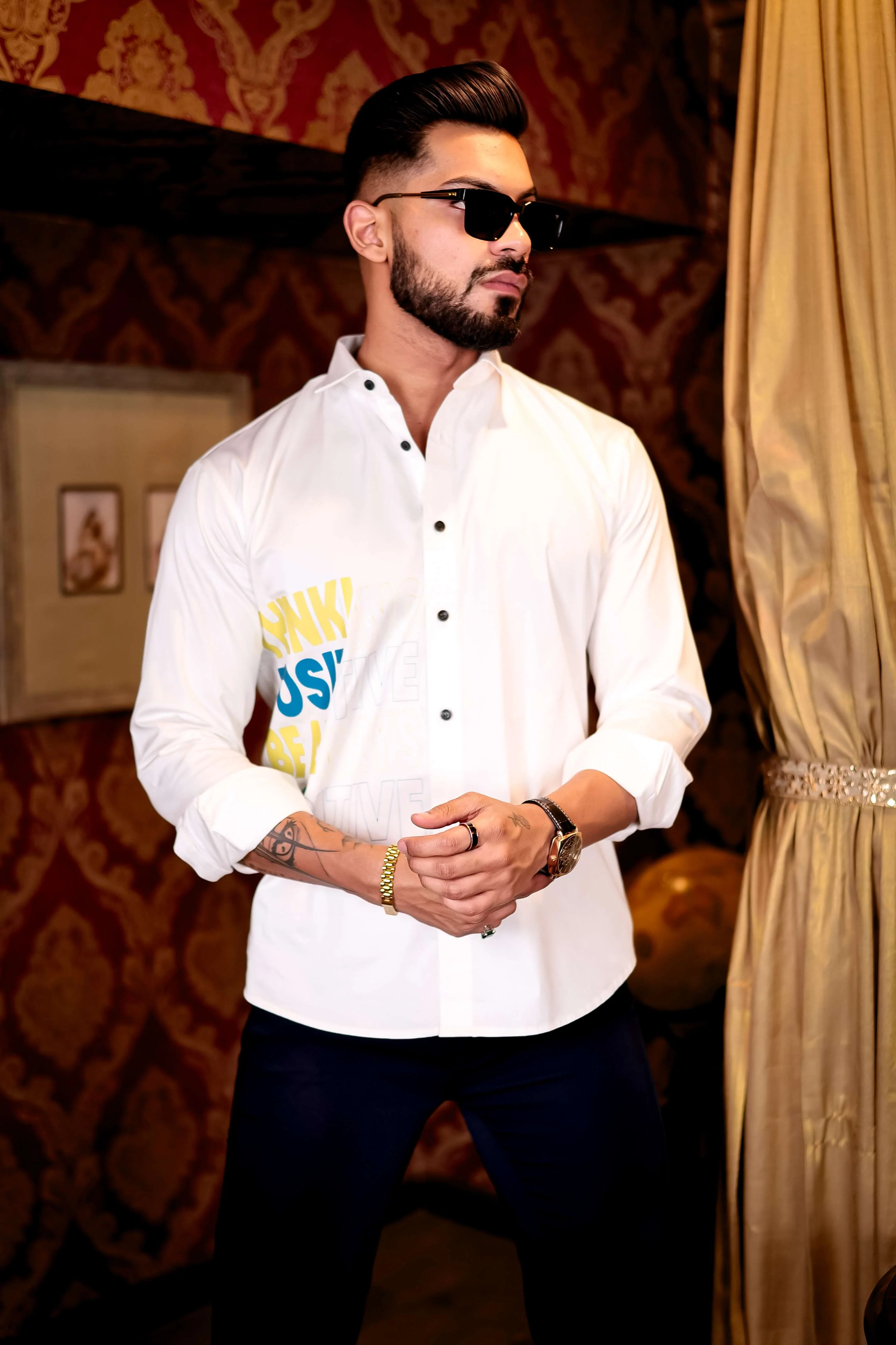 White Think Positive Be Always Positive Club Wear Printed Satin Cotton Shirt - Image 10