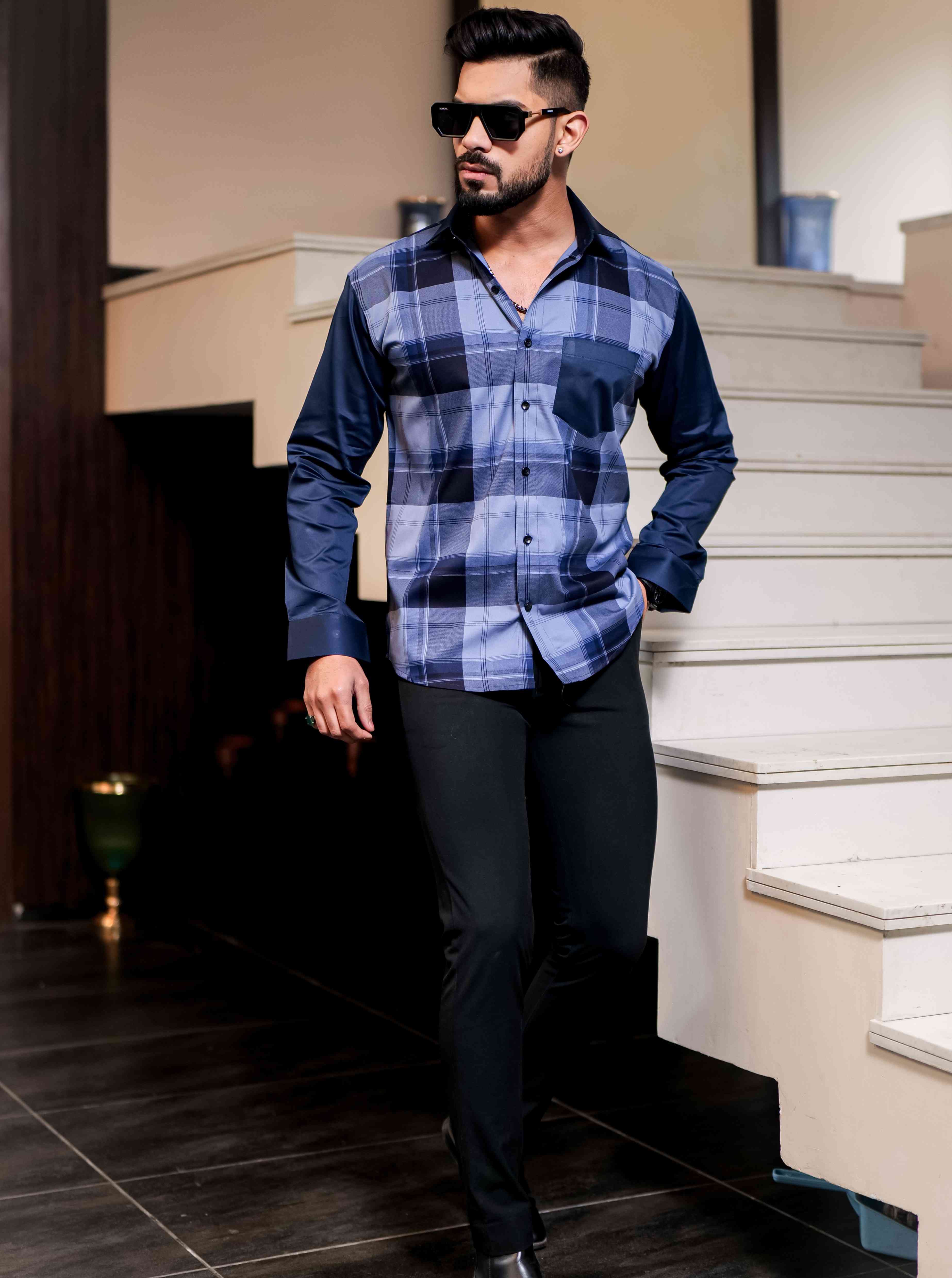 Blue Satin Cotton Cut N Sew Designer Shirt - Image 3