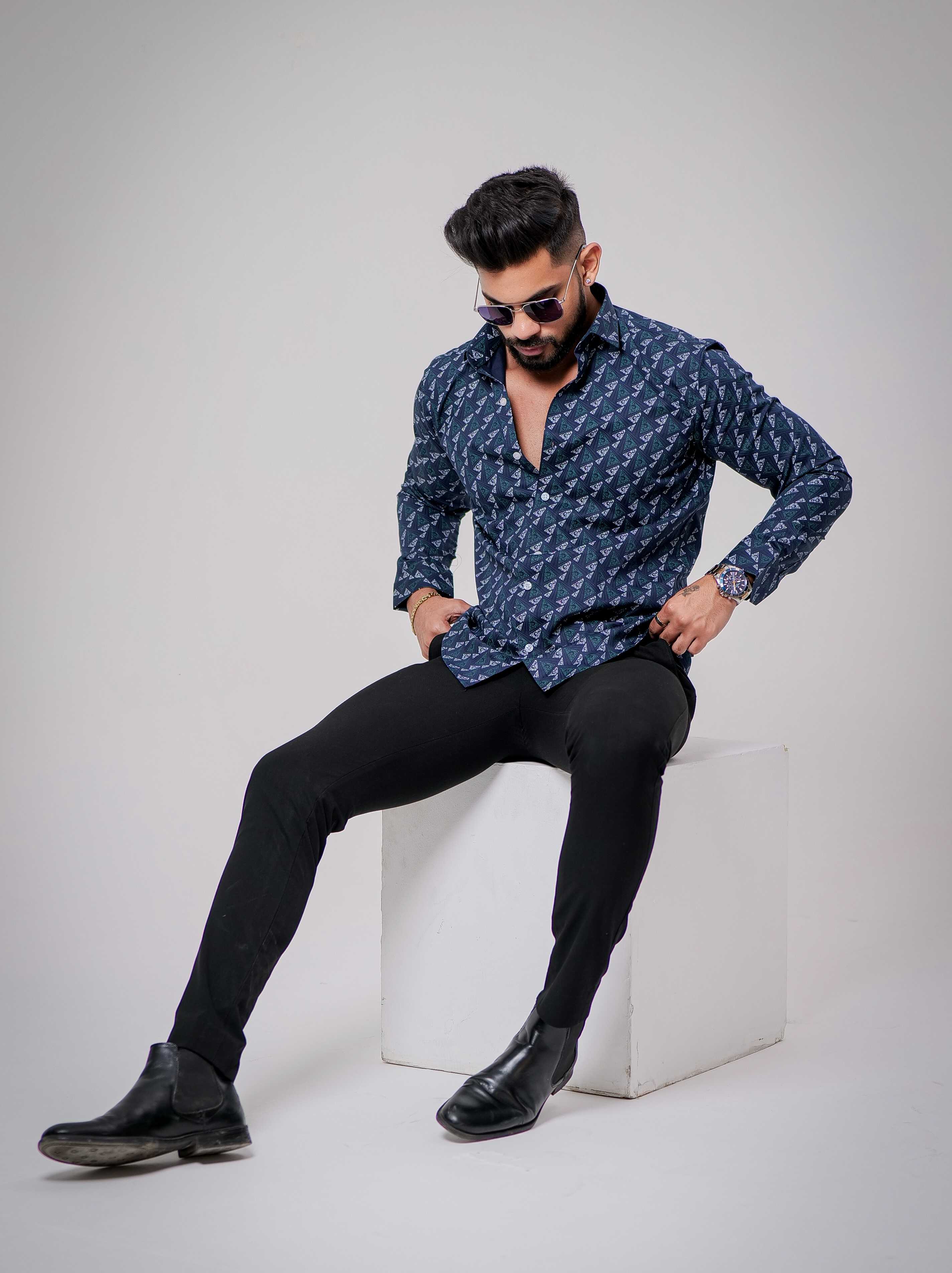 Blue Satin Print Premium Shirt - Image 5