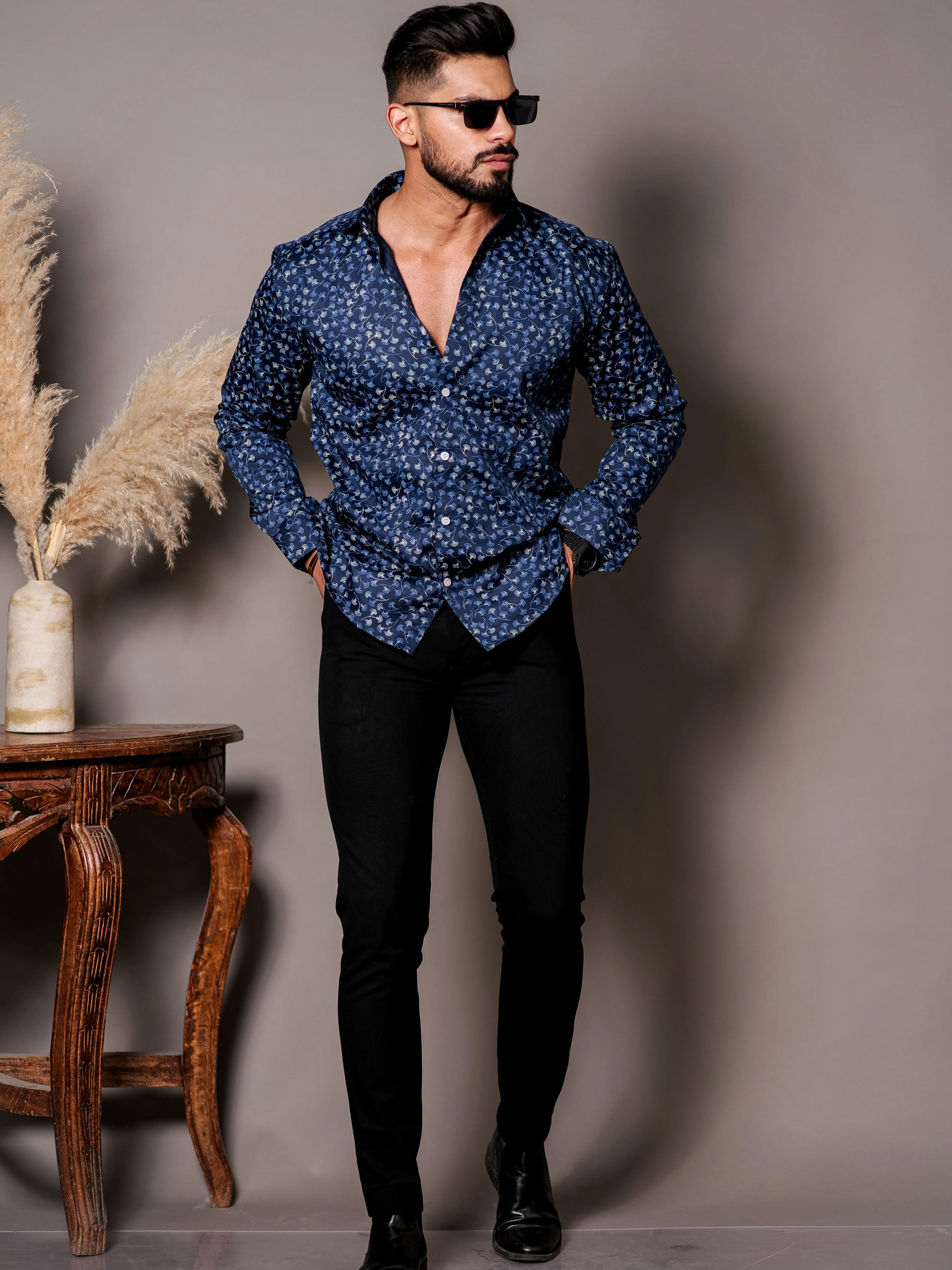 Blue Satin Print Premium Shirt - Image 4