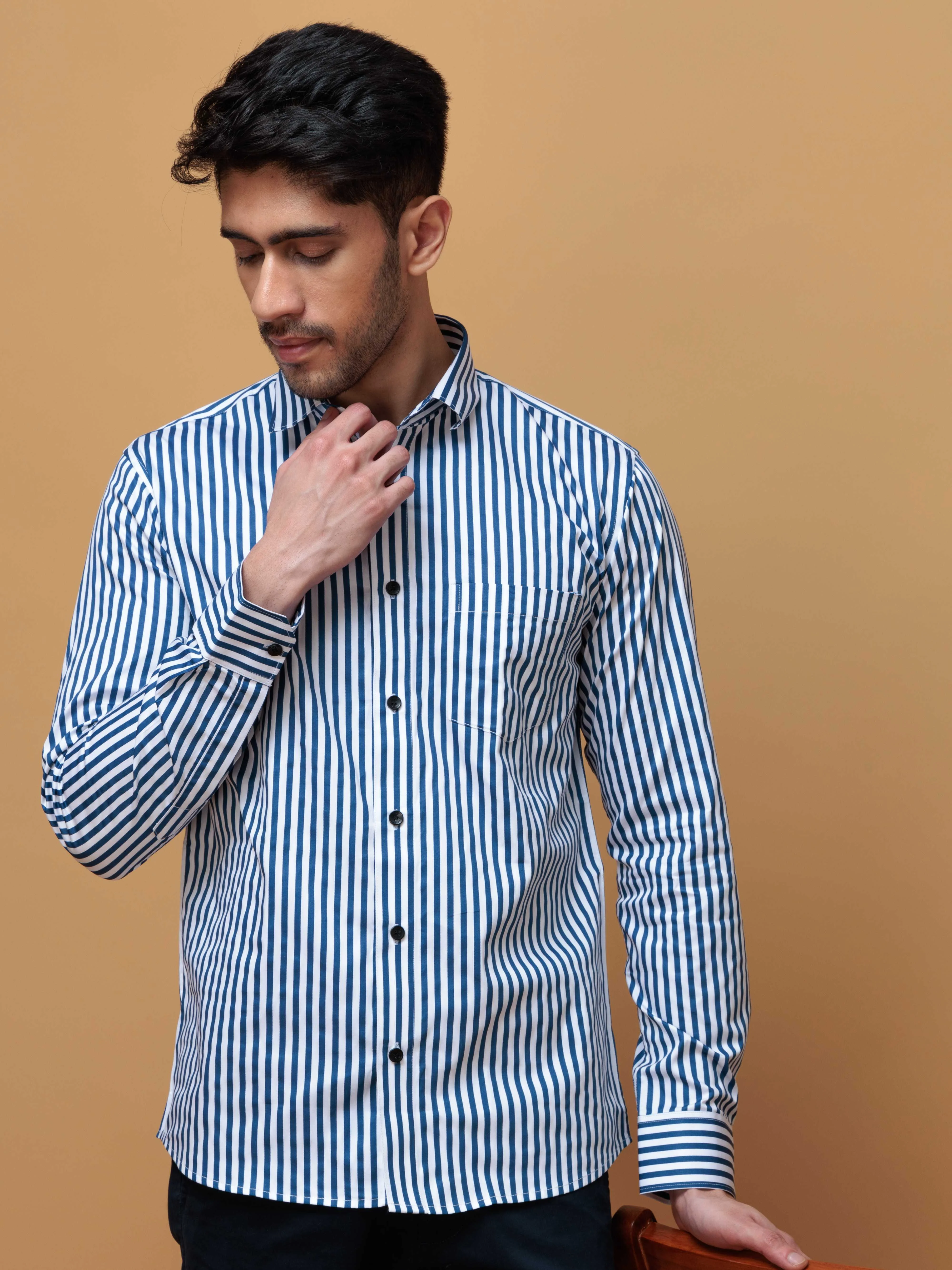 BLUE STRIPED COTTON REGULAR FIT MEN'S CASUAL SHIRT FOR MEN'S - Image 4