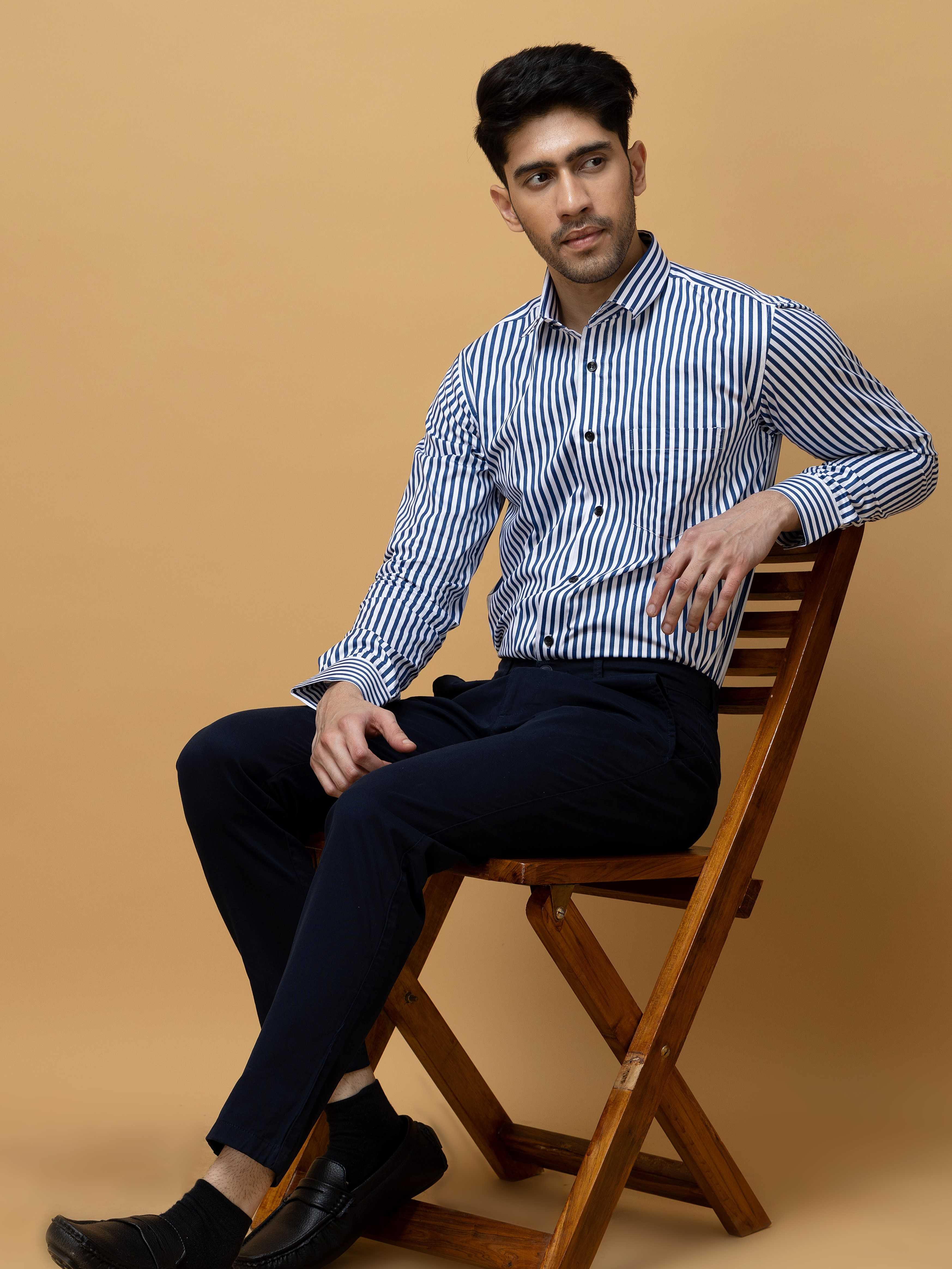 BLUE STRIPED COTTON REGULAR FIT MEN'S CASUAL SHIRT FOR MEN'S - Image 5