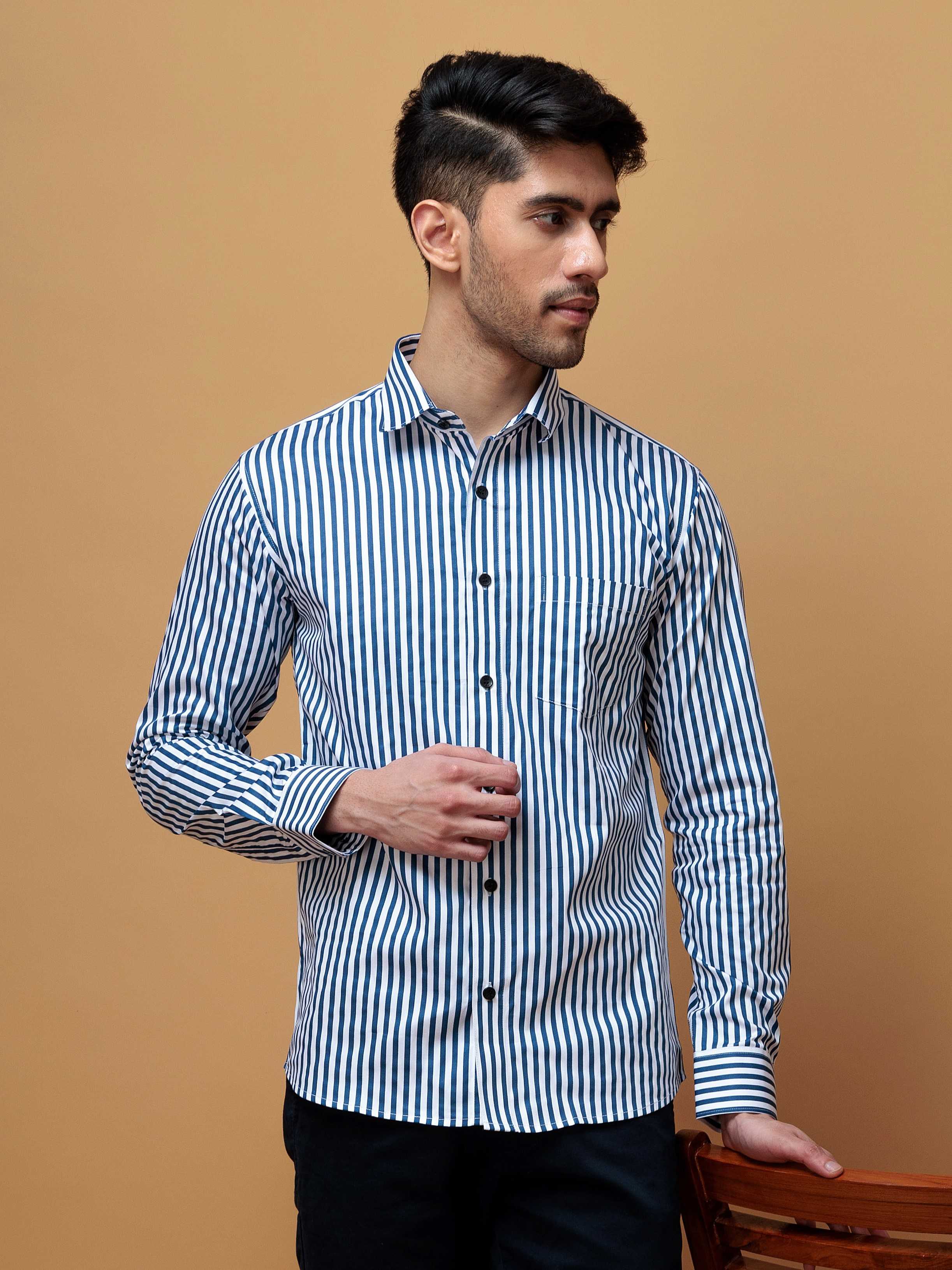 BLUE STRIPED COTTON REGULAR FIT MEN'S CASUAL SHIRT FOR MEN'S - Image 6