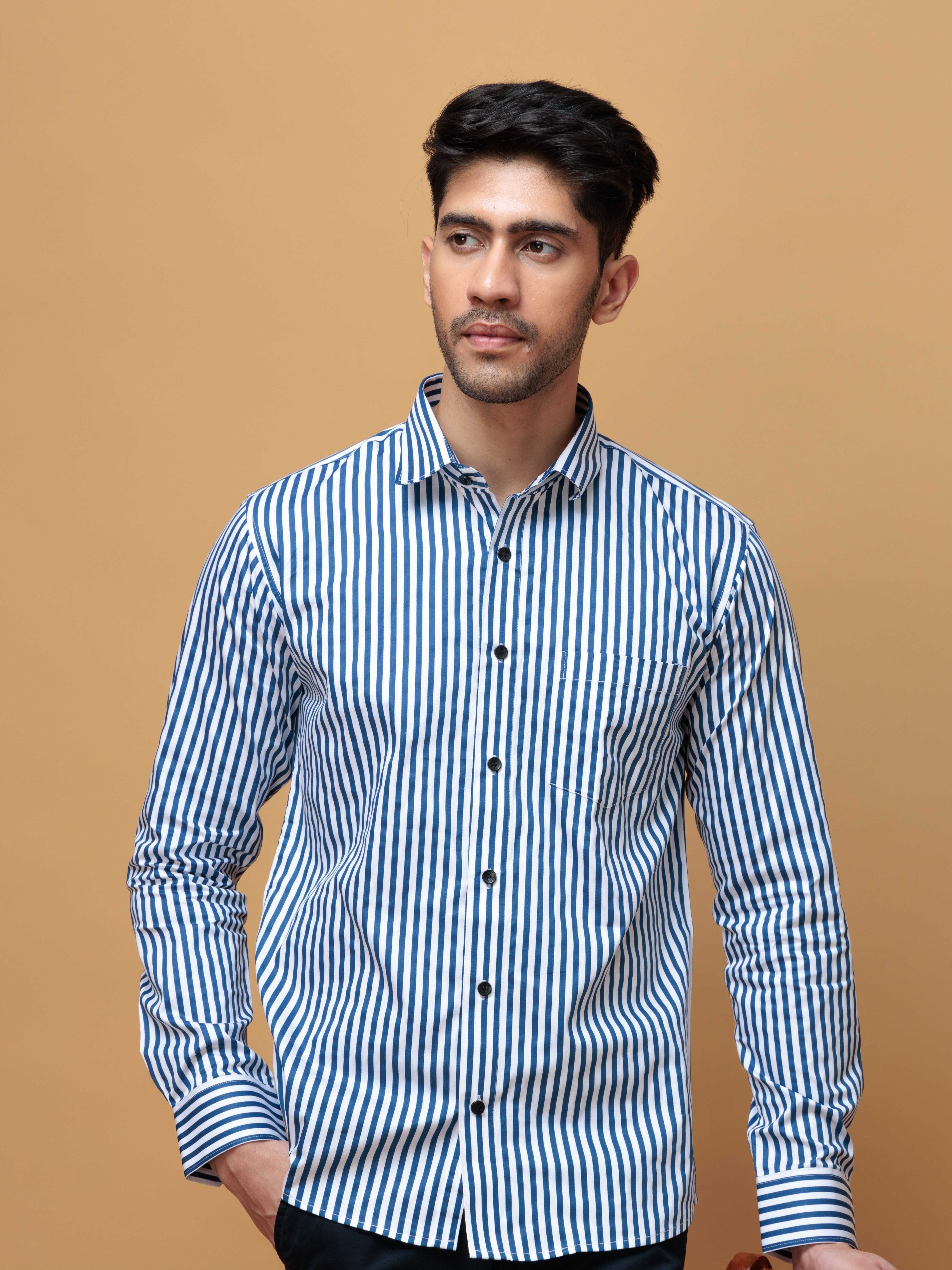 BLUE STRIPED COTTON REGULAR FIT MEN'S CASUAL SHIRT FOR MEN'S - Image 7