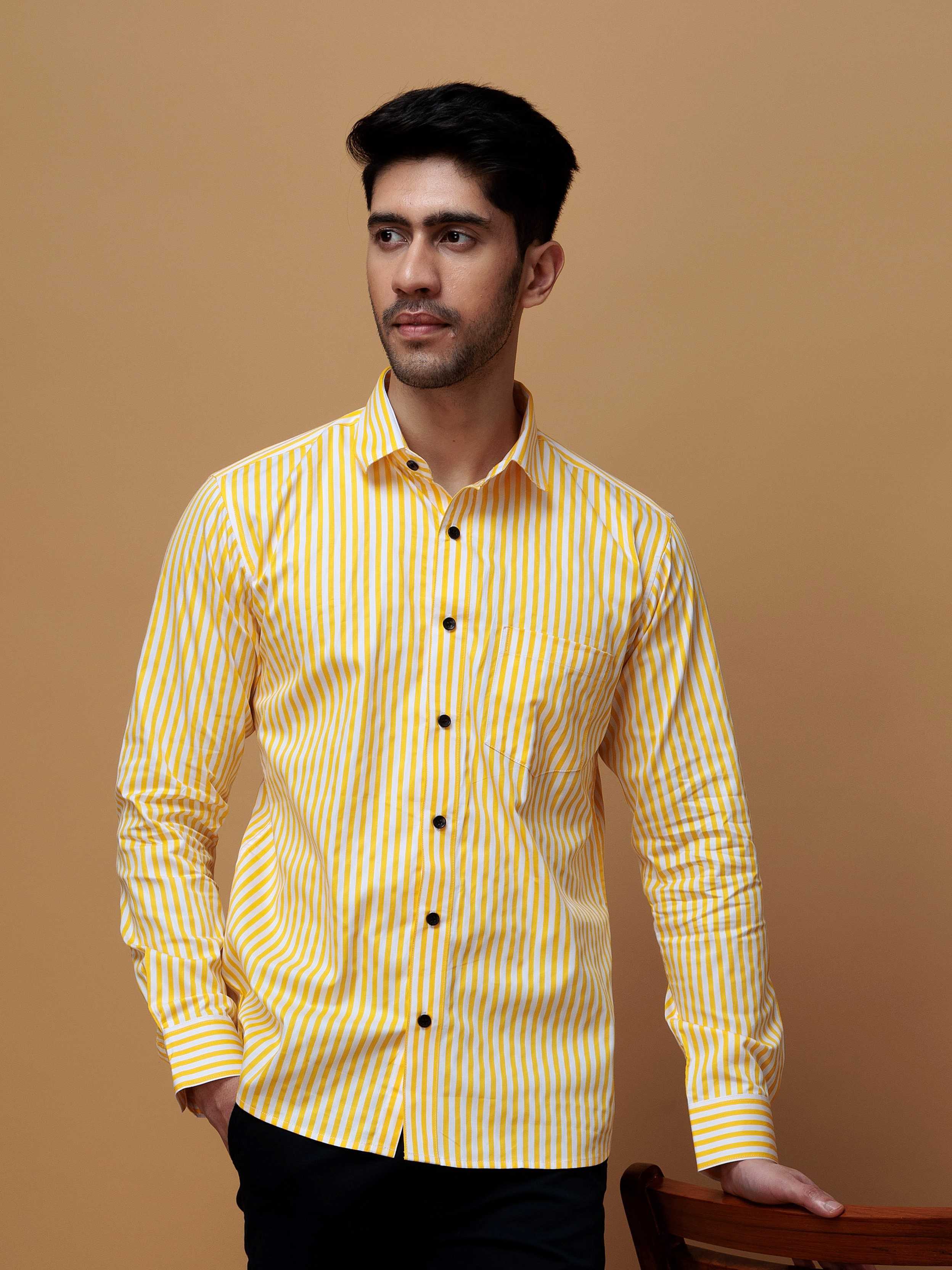 YELLOW STRIPED COTTON REGULAR FIT MEN'S CASUAL SHIRT FOR MEN'S - Image 4