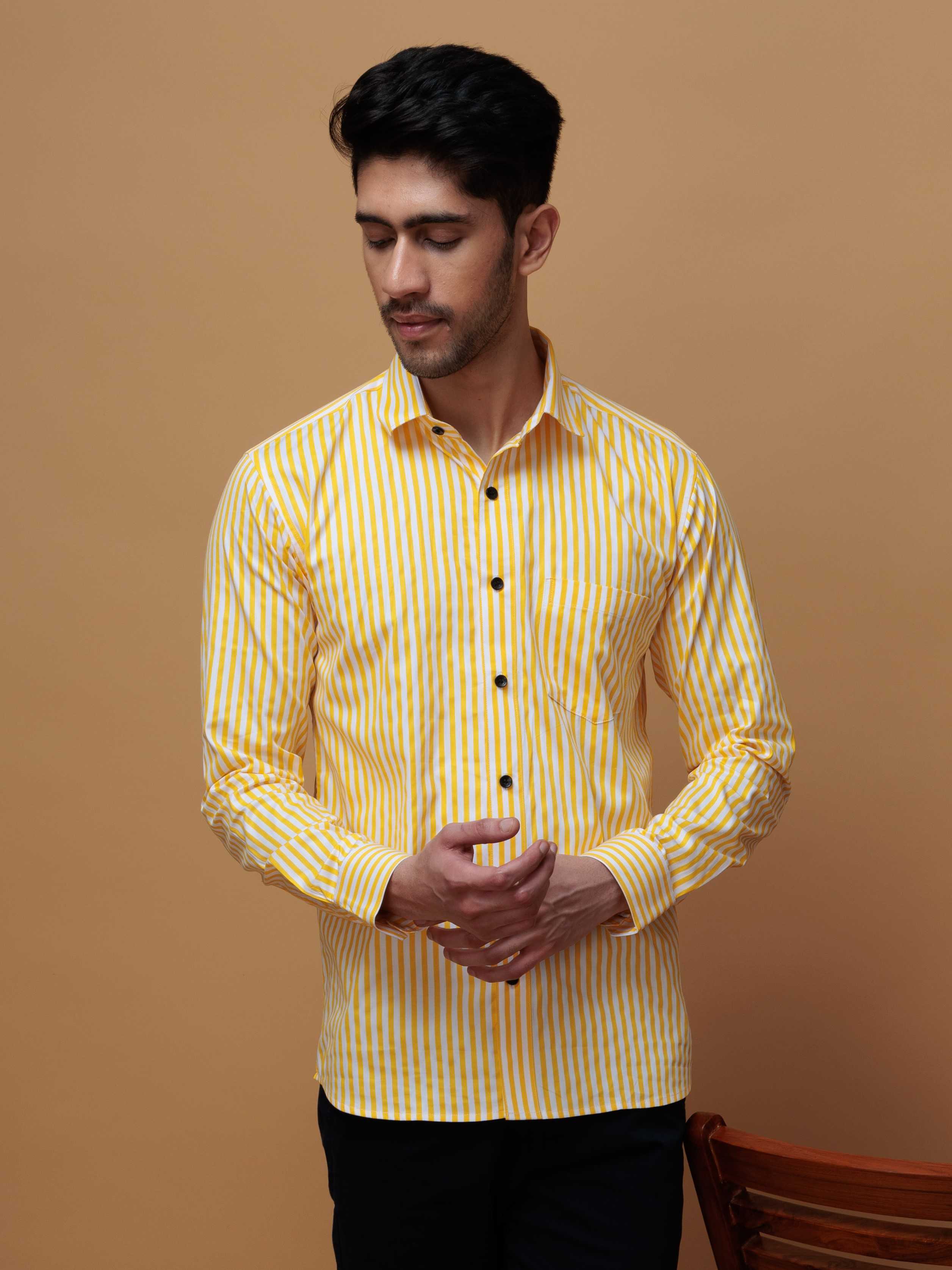 YELLOW STRIPED COTTON REGULAR FIT MEN'S CASUAL SHIRT FOR MEN'S - Image 7