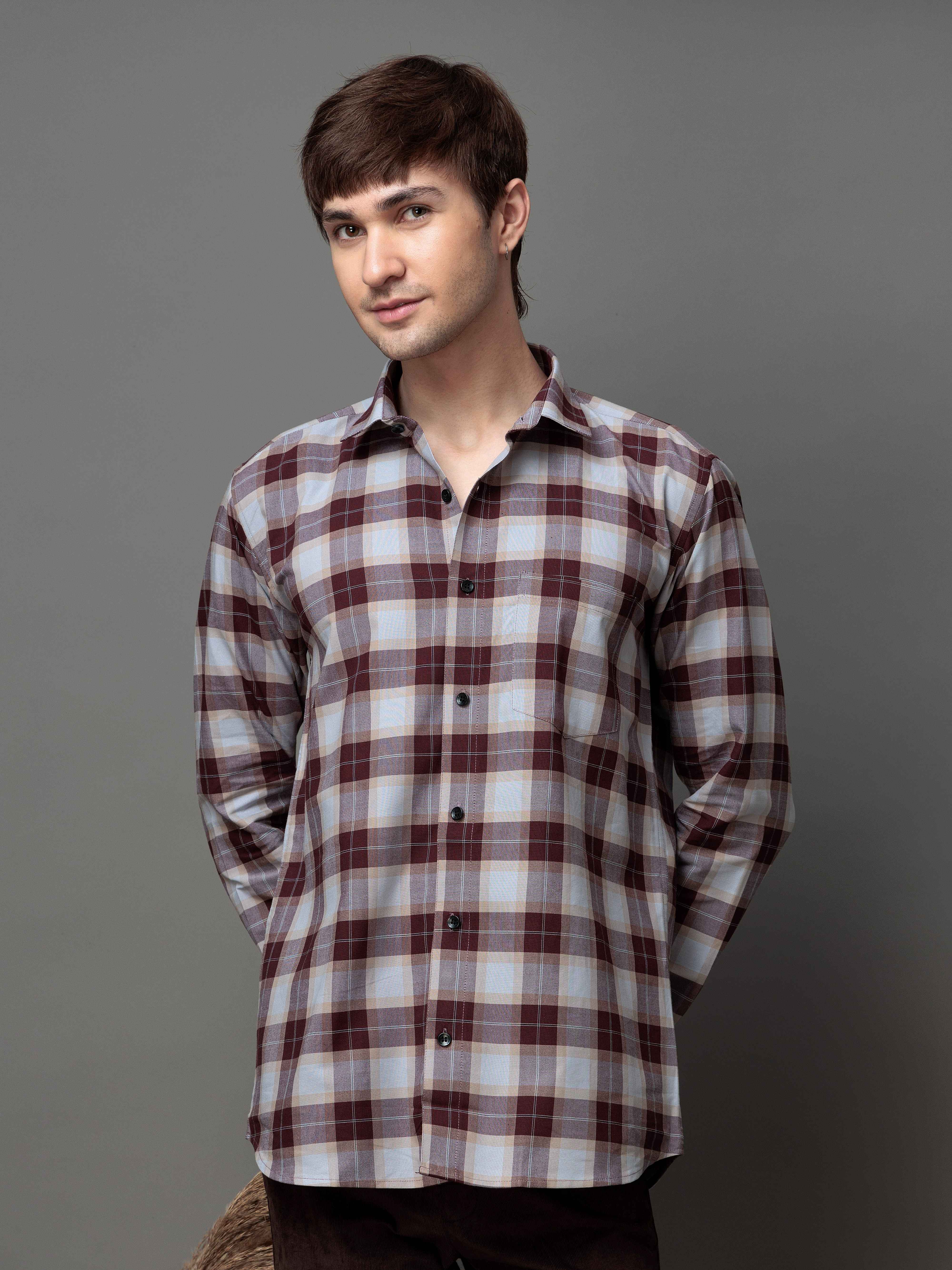 SQUARE WINE CHECKED COTTON CASUAL SHIRT FOR MEN'S - Image 4