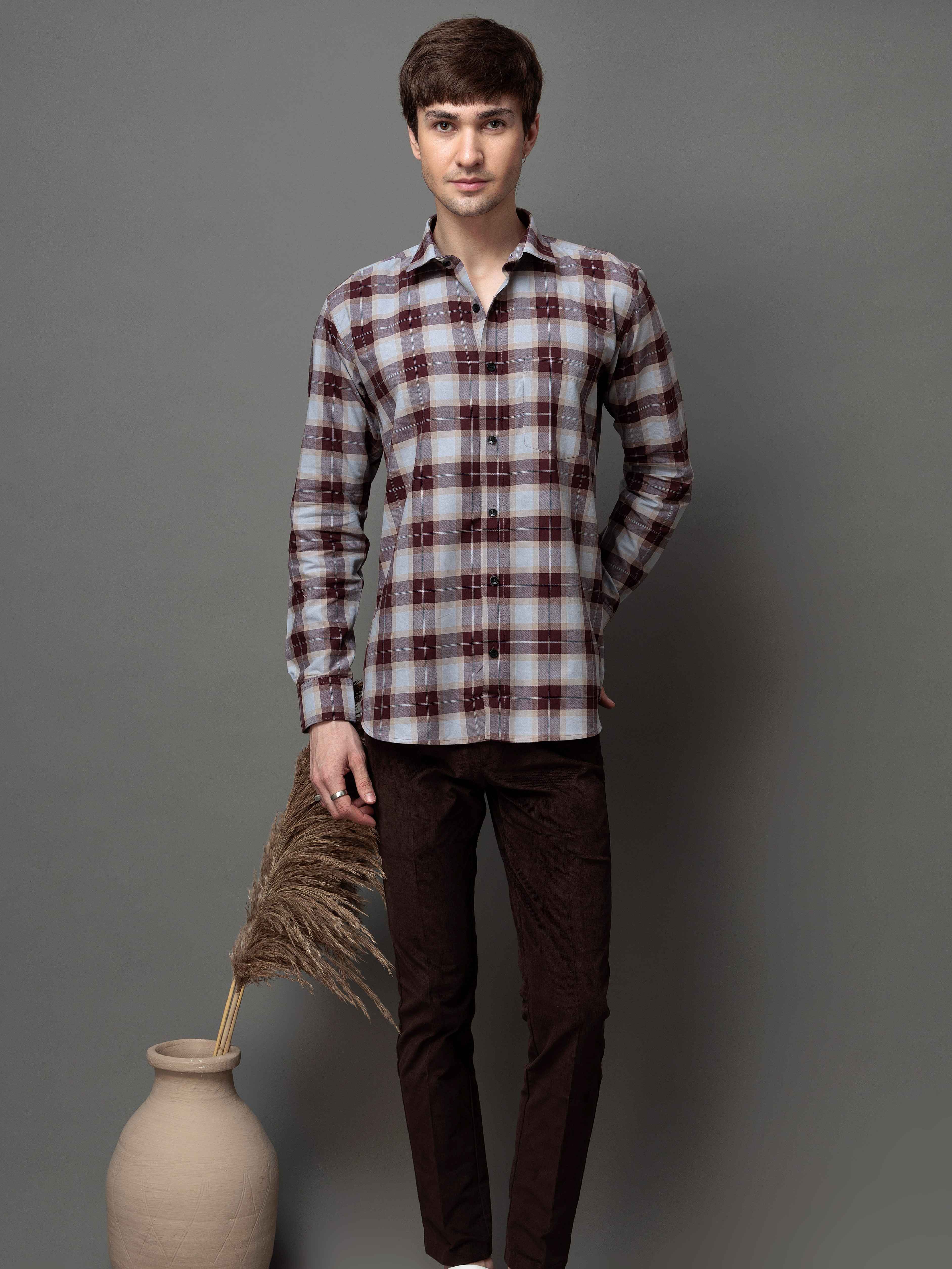 SQUARE WINE CHECKED COTTON CASUAL SHIRT FOR MEN'S - Image 7