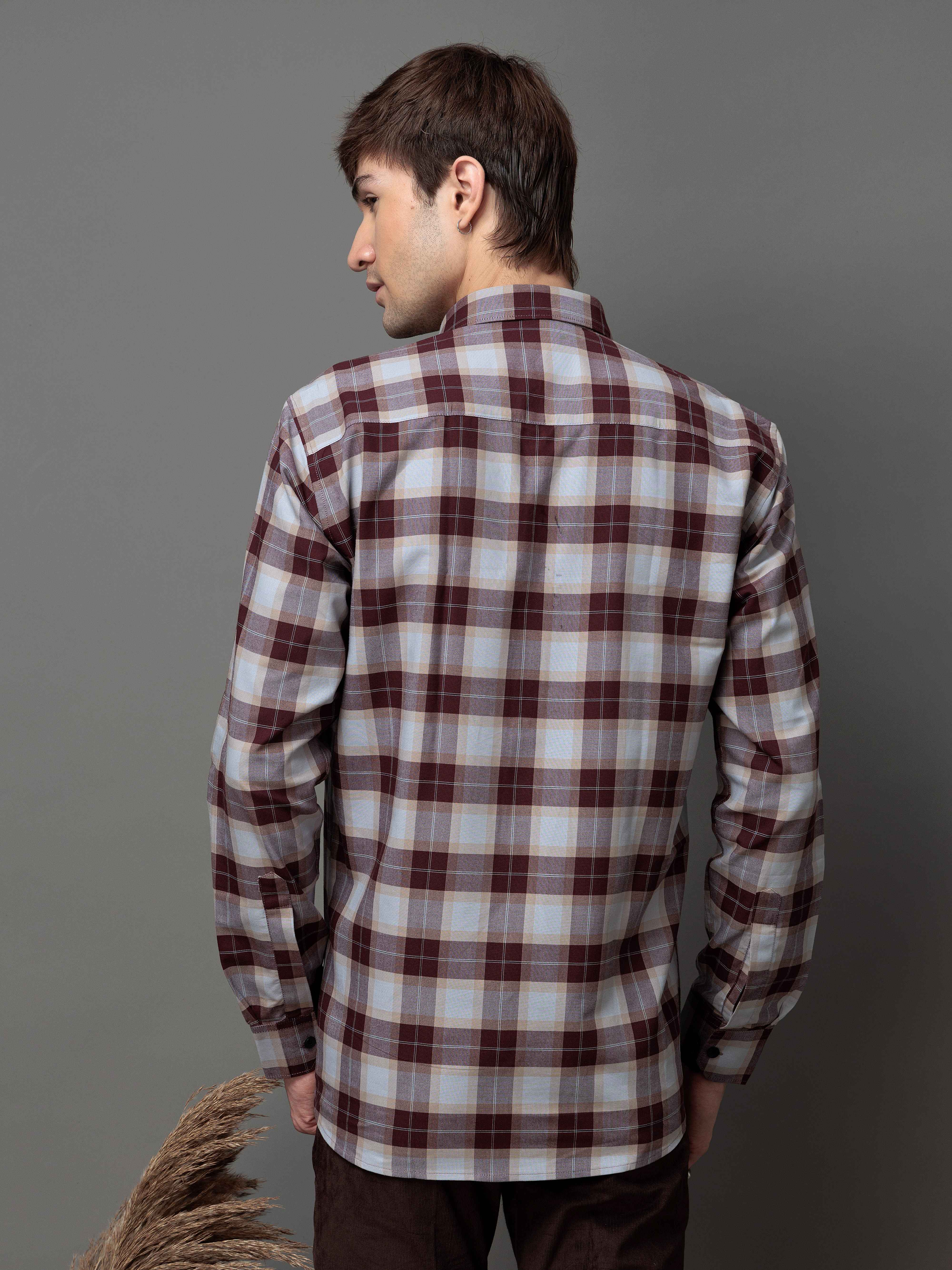SQUARE WINE CHECKED COTTON CASUAL SHIRT FOR MEN'S - Image 9