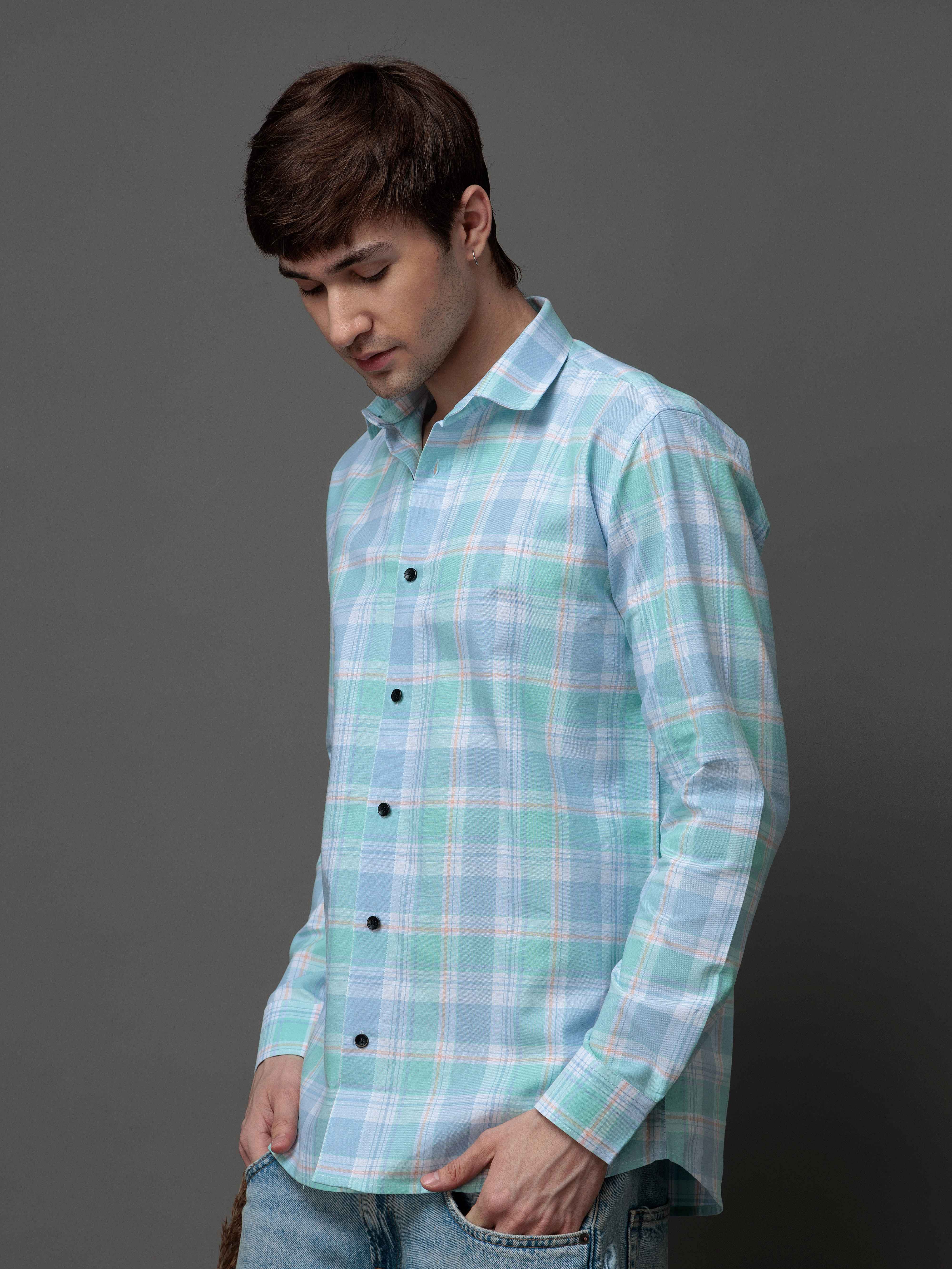 BOX CYAN CHECKED COTTON CASUAL SHIRT FOR MEN'S - Image 3