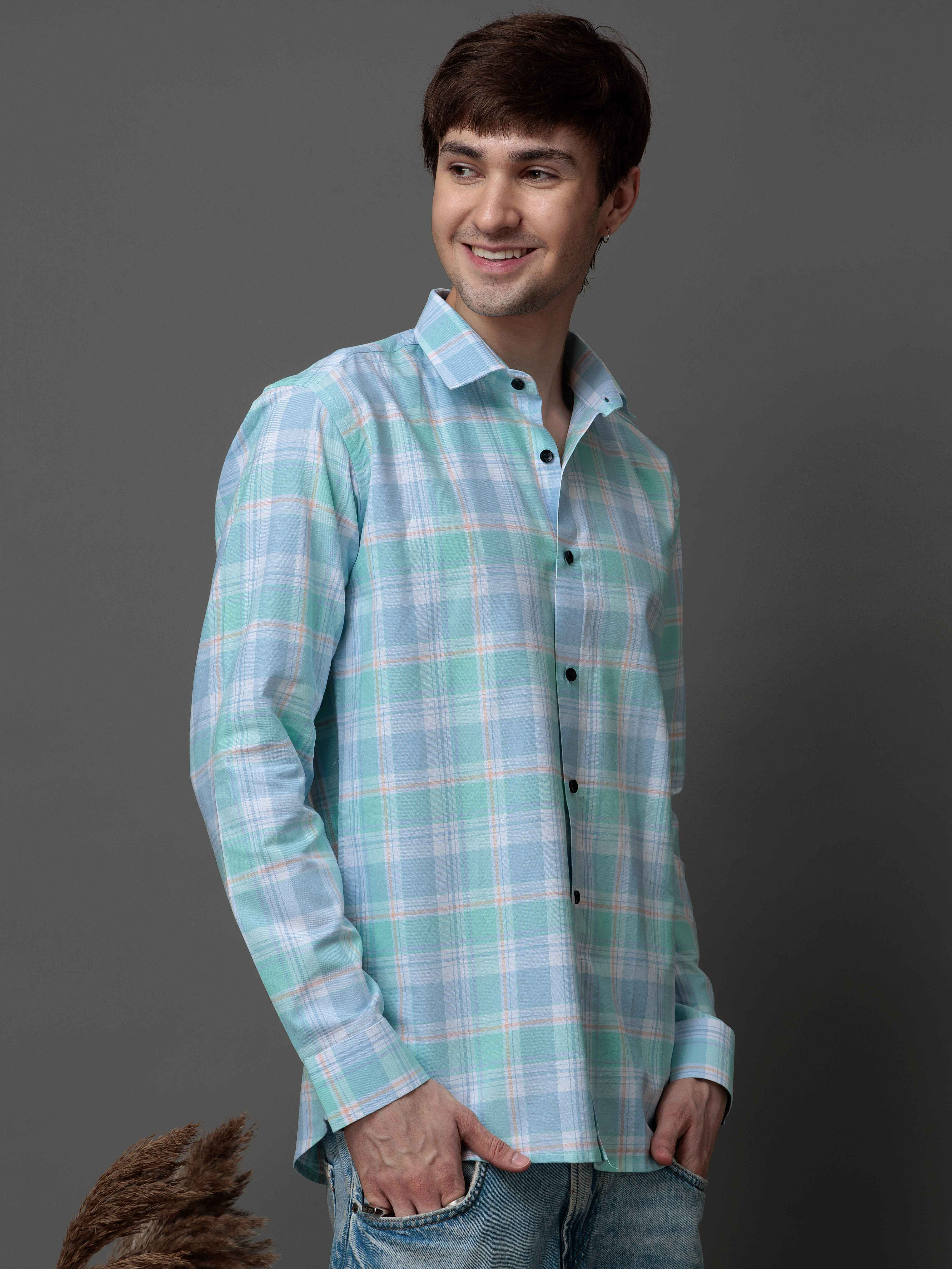 BOX CYAN CHECKED COTTON CASUAL SHIRT FOR MEN'S - Image 4