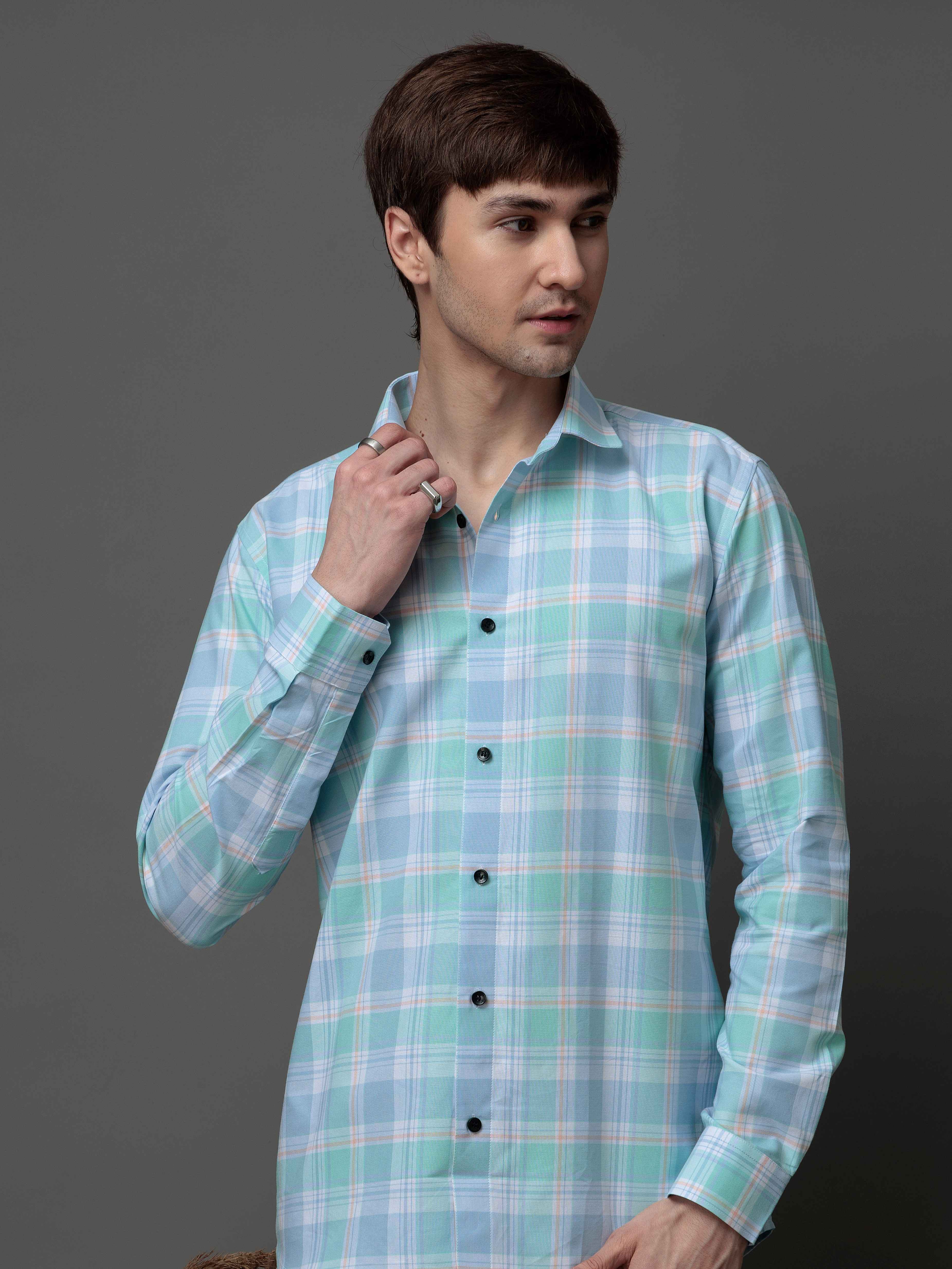 BOX CYAN CHECKED COTTON CASUAL SHIRT FOR MEN'S - Image 5