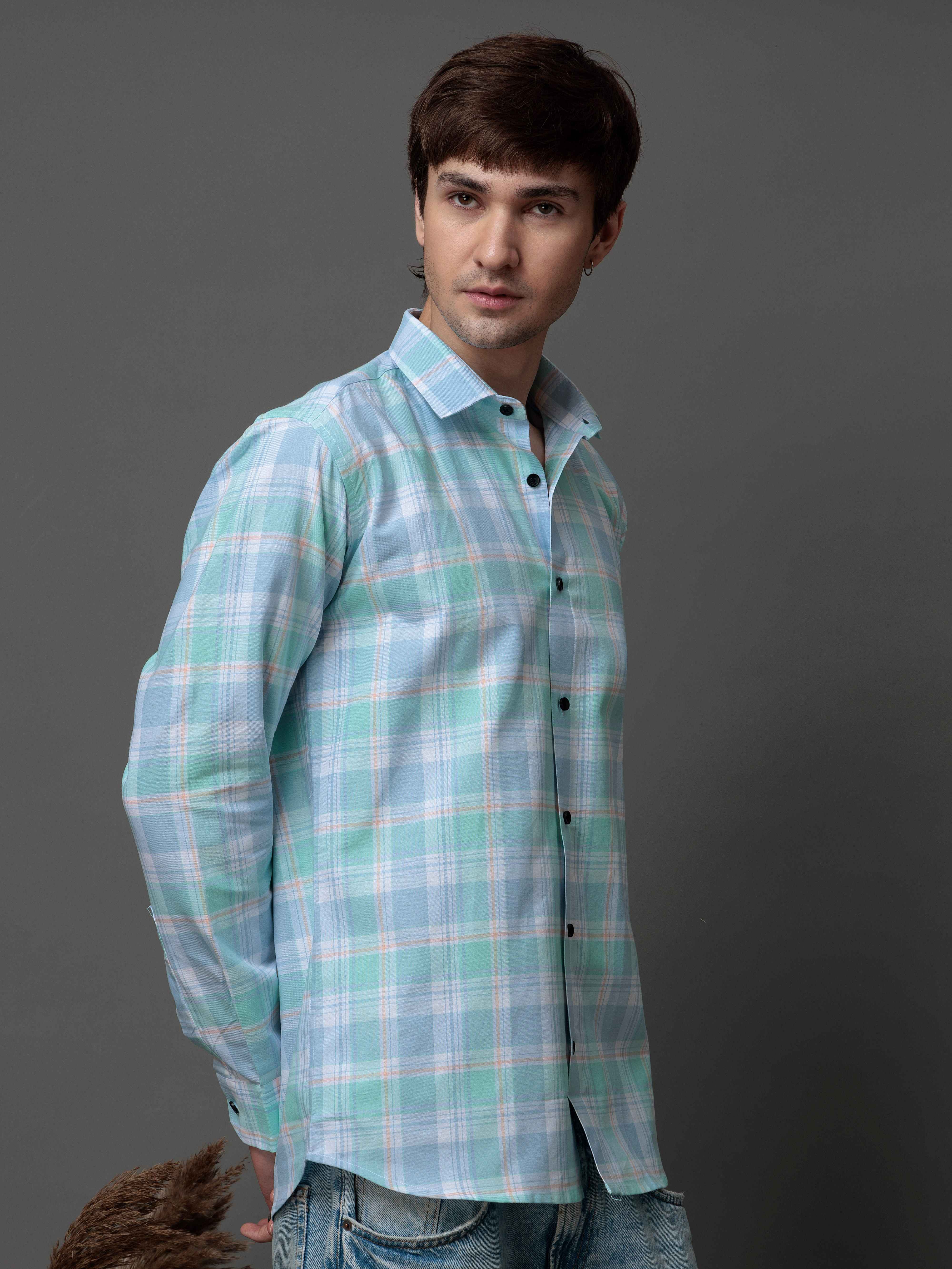 BOX CYAN CHECKED COTTON CASUAL SHIRT FOR MEN'S - Image 7