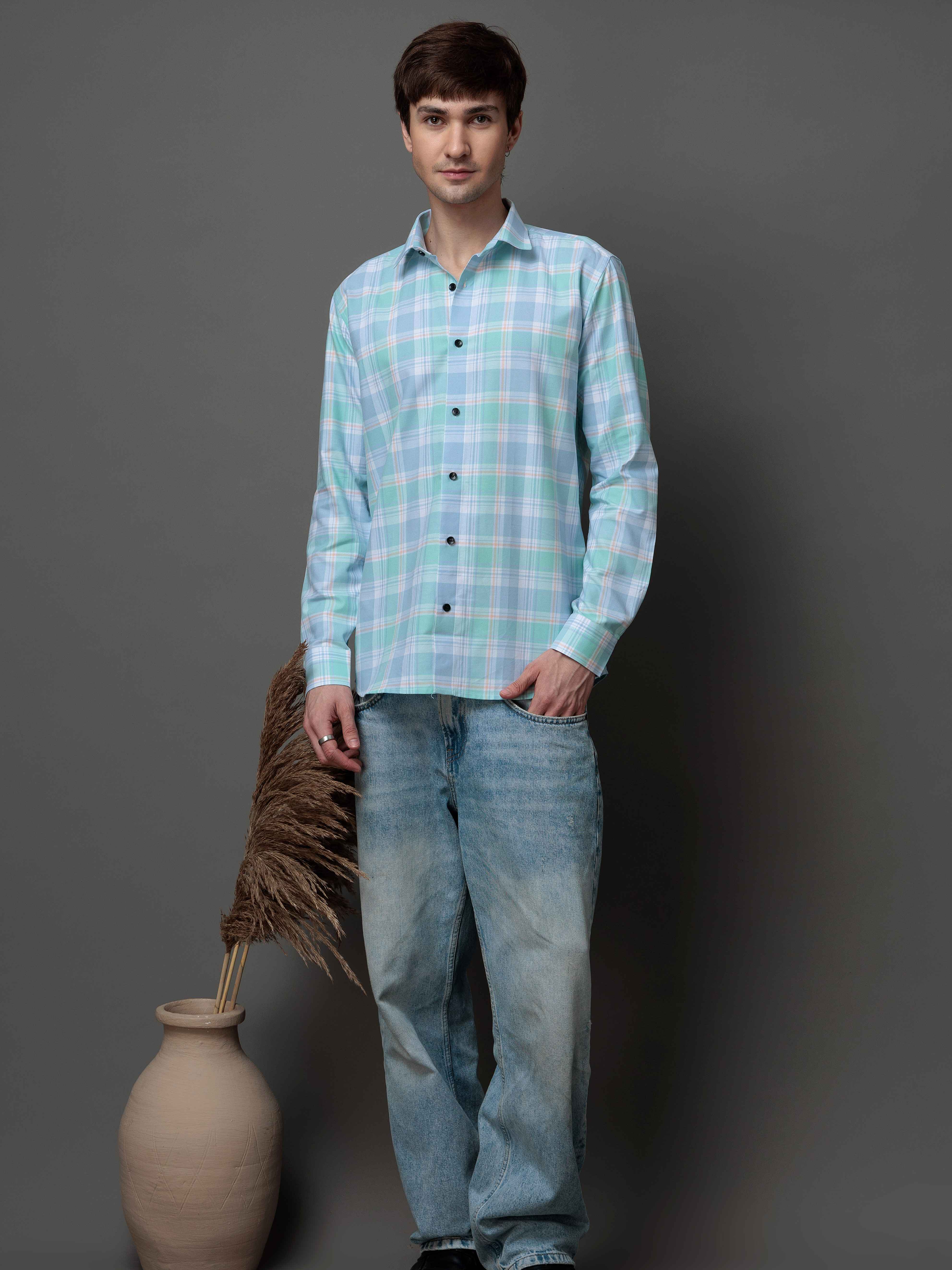 BOX CYAN CHECKED COTTON CASUAL SHIRT FOR MEN'S - Image 8