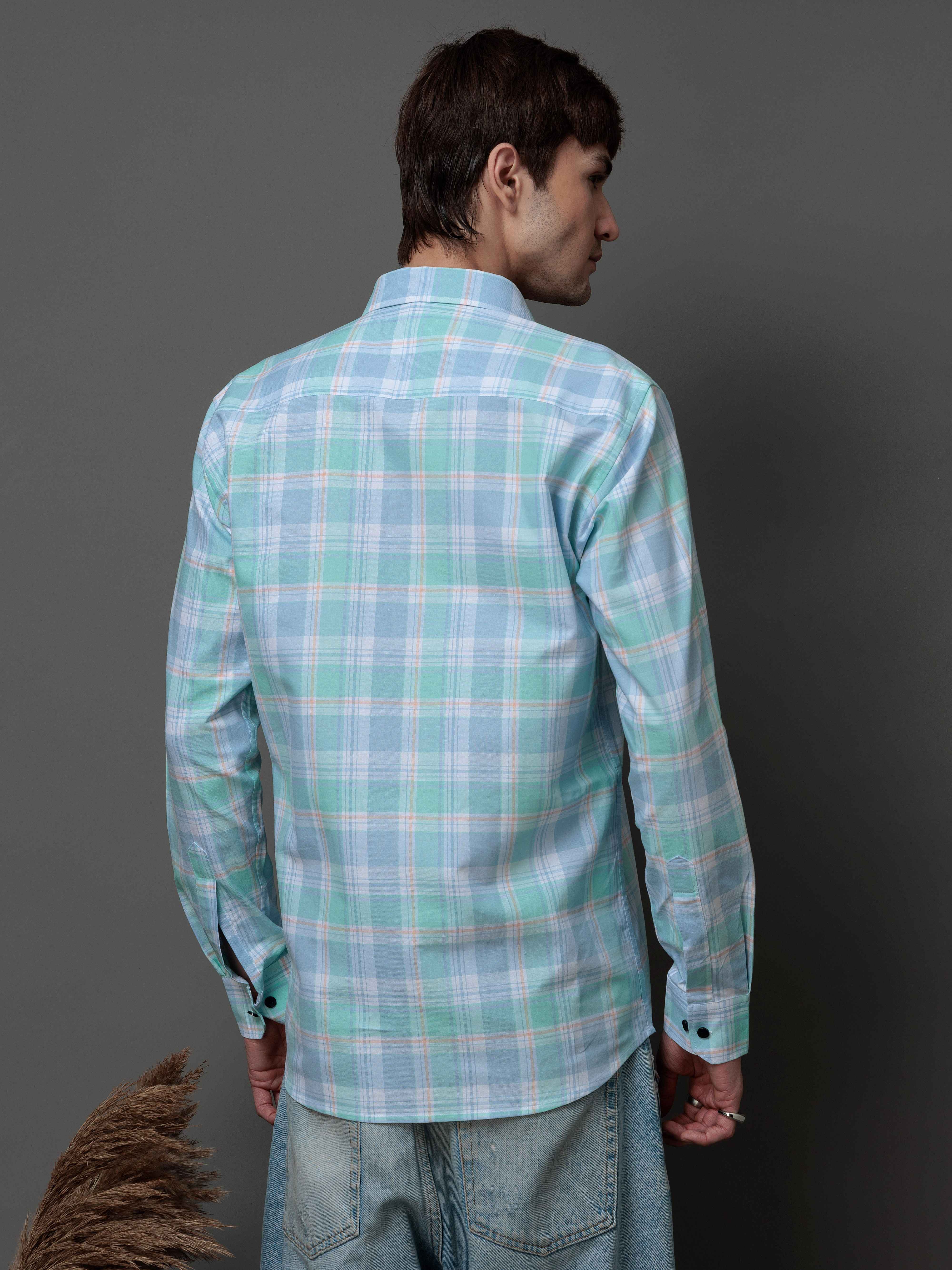 BOX CYAN CHECKED COTTON CASUAL SHIRT FOR MEN'S - Image 9