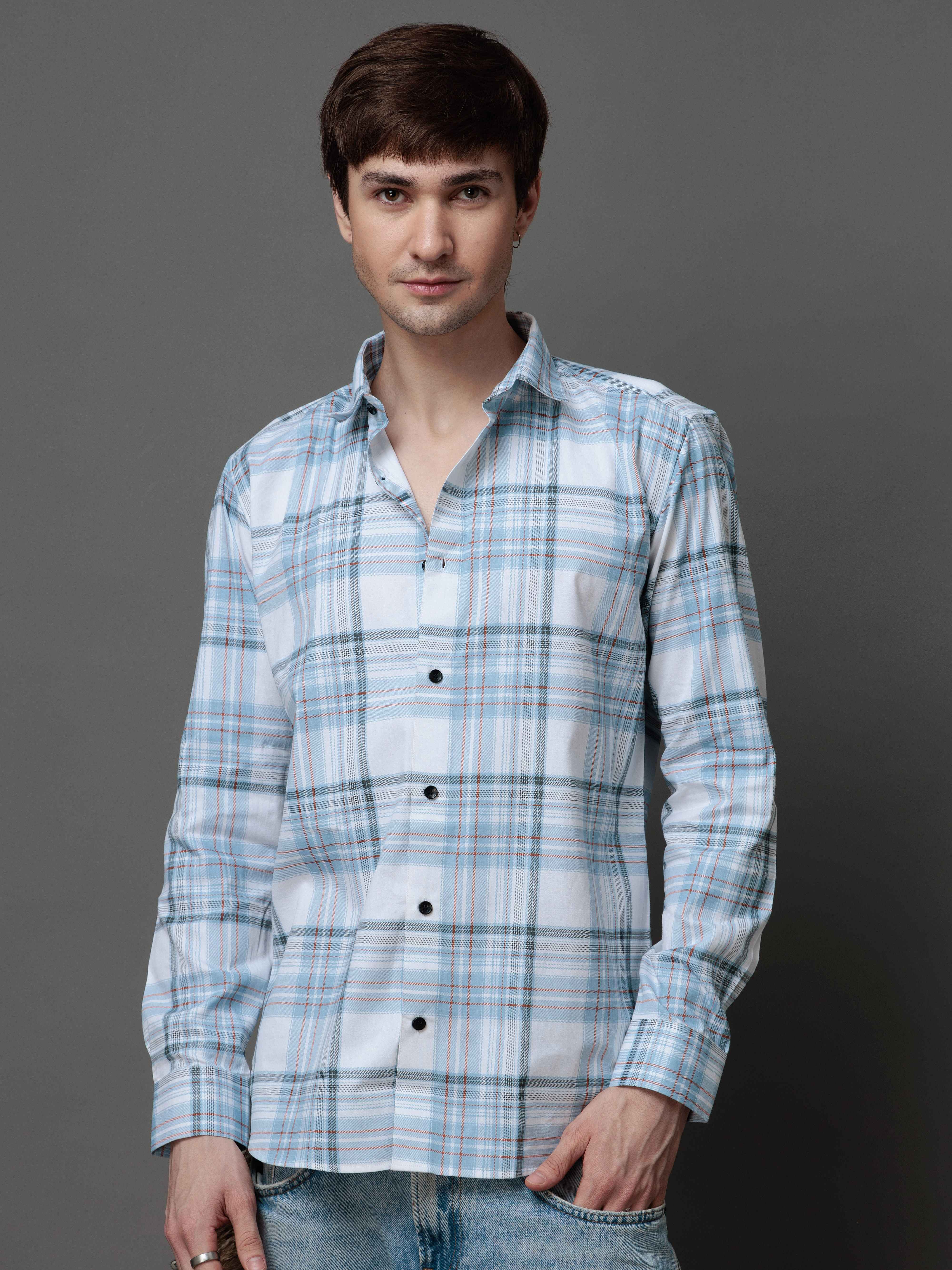 BOX SKY CHECKED COTTON CASUAL SHIRT FOR MEN'S - Image 5