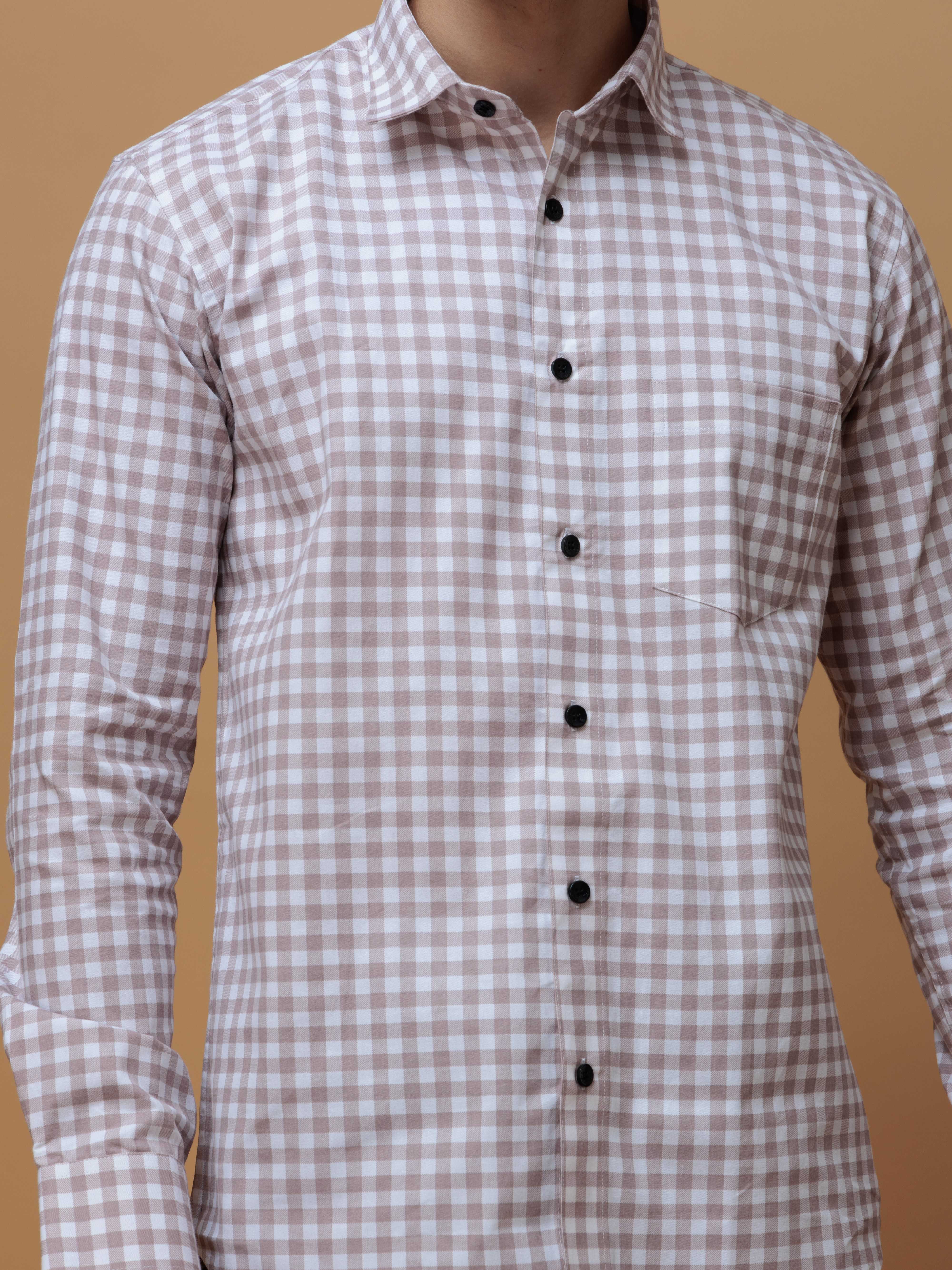 BROWN CHECKERD PRINTED COTTON CASUAL SHIRT FOR MEN'S - Image 2