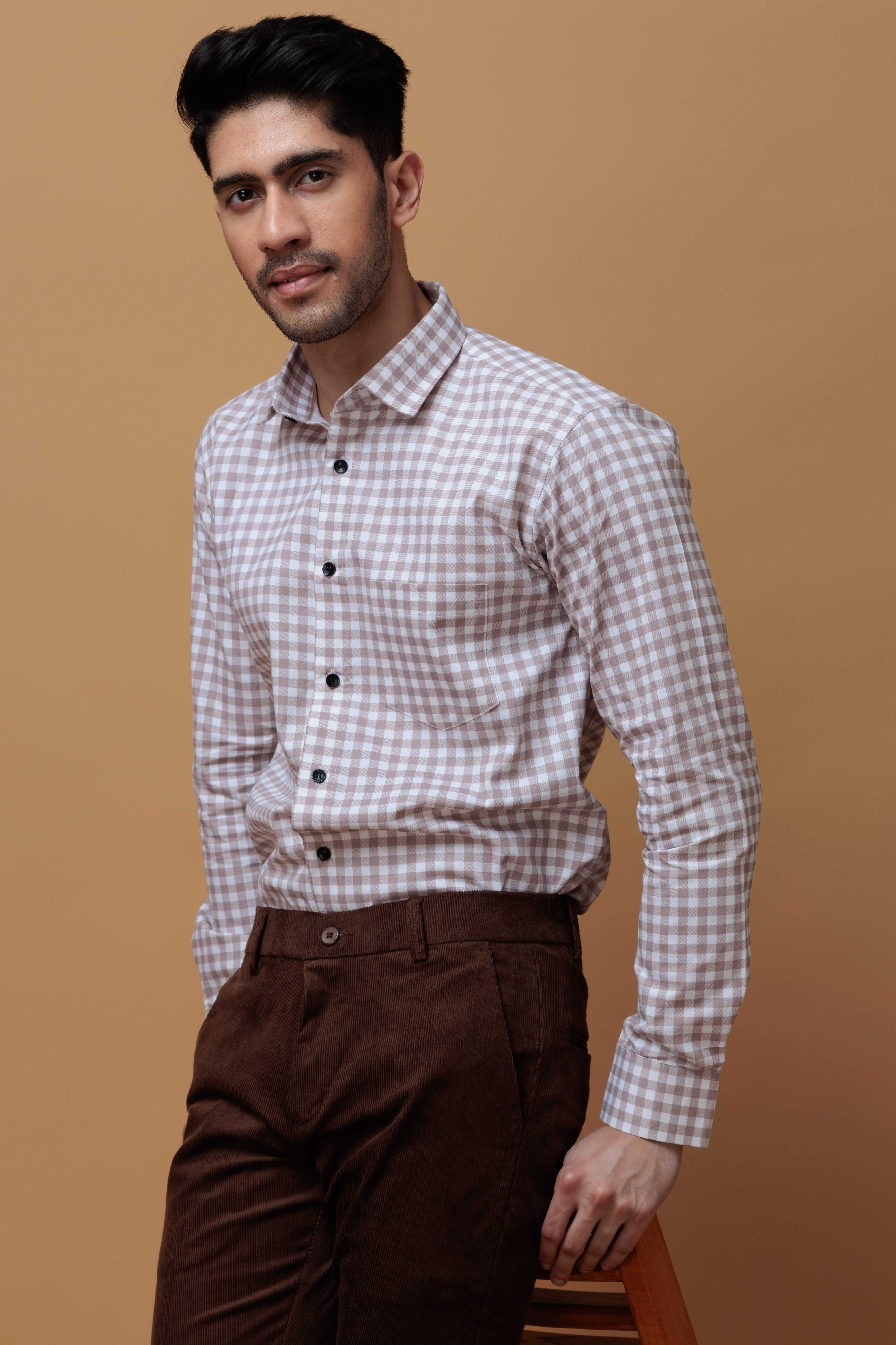 BROWN CHECKERD PRINTED COTTON CASUAL SHIRT FOR MEN'S - Image 3