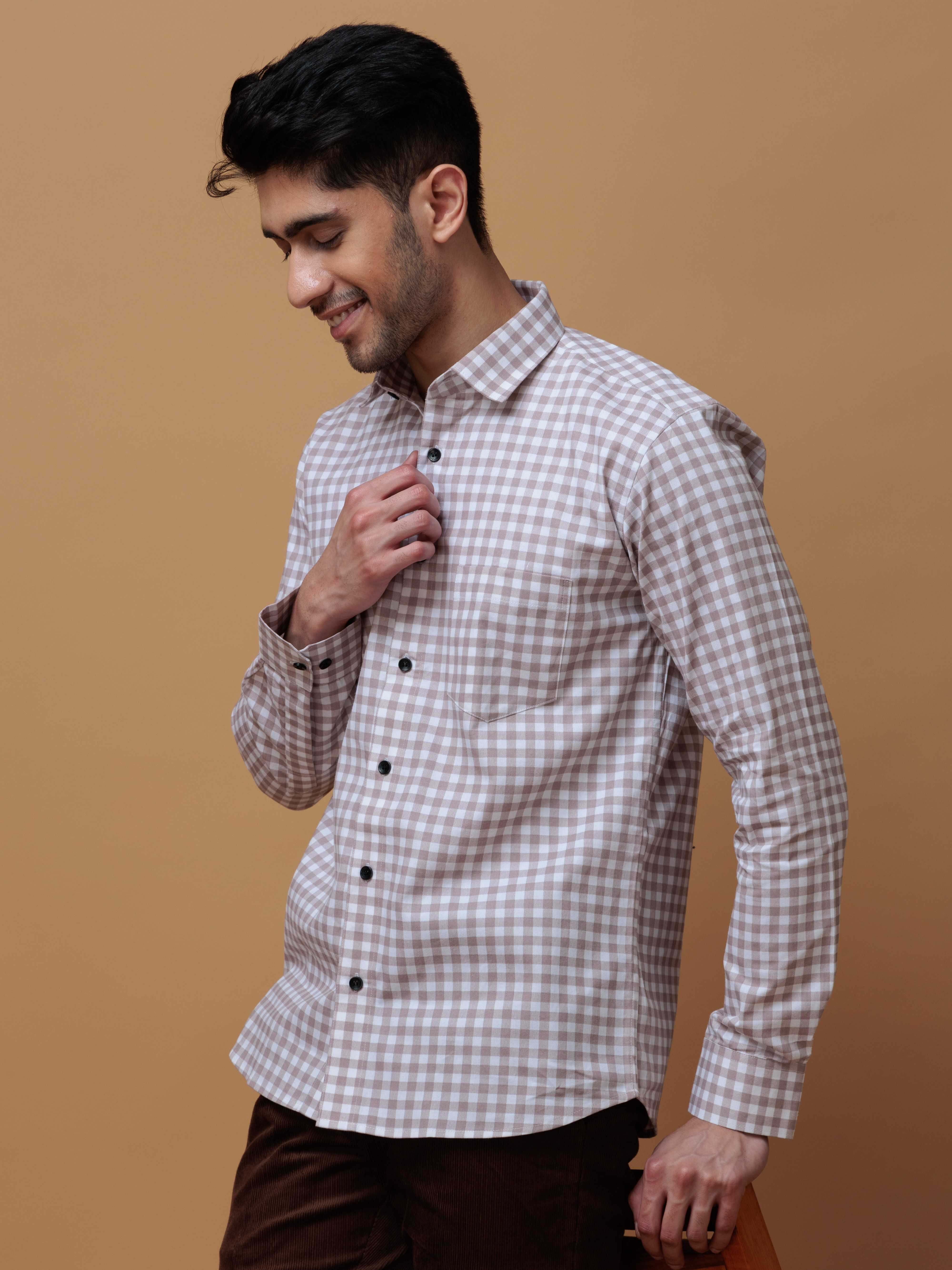 BROWN CHECKERD PRINTED COTTON CASUAL SHIRT FOR MEN'S - Image 4