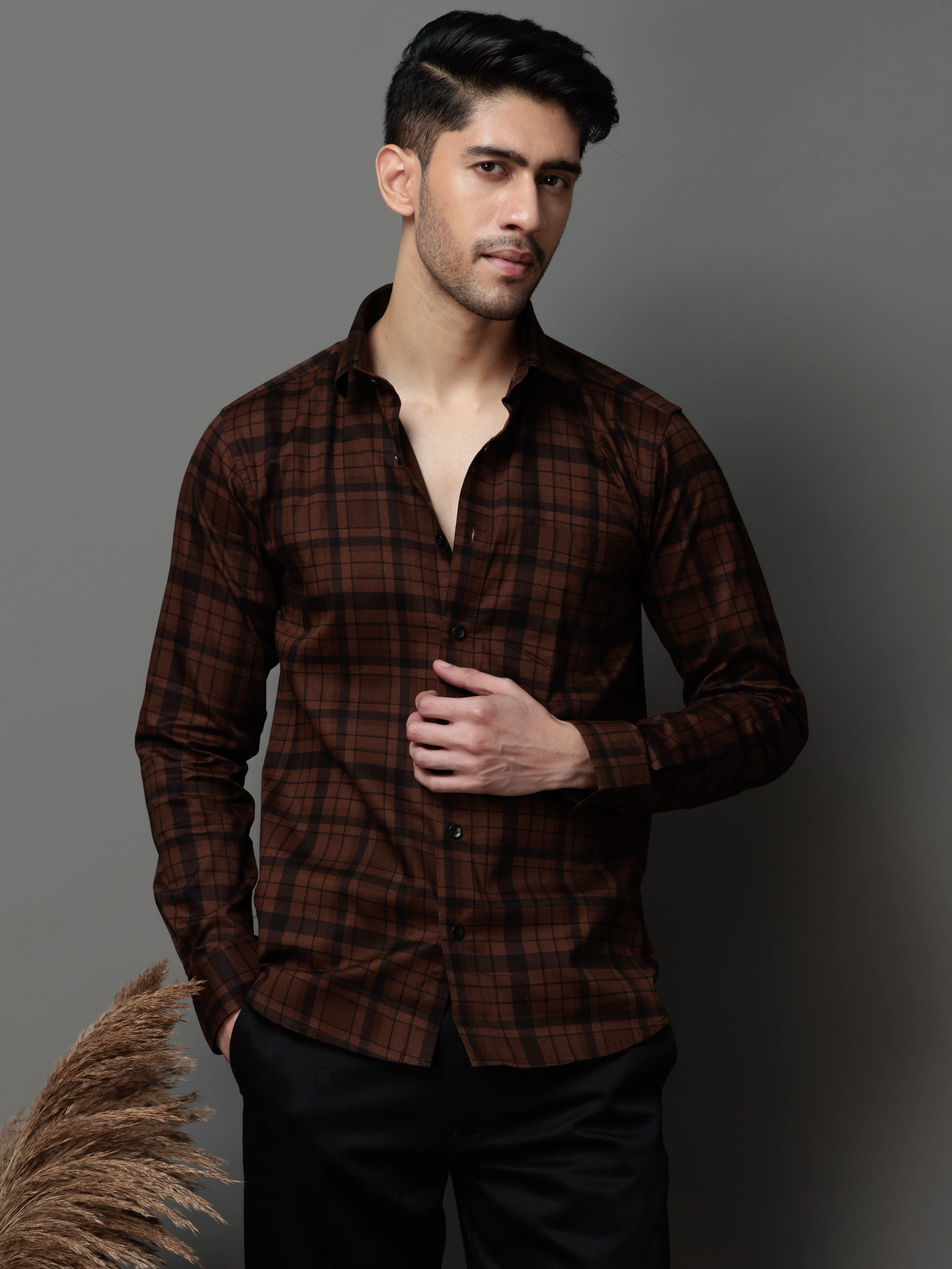 BROWN CHECKS PRINTED COTTON CASUAL SHIRT FOR MEN'S