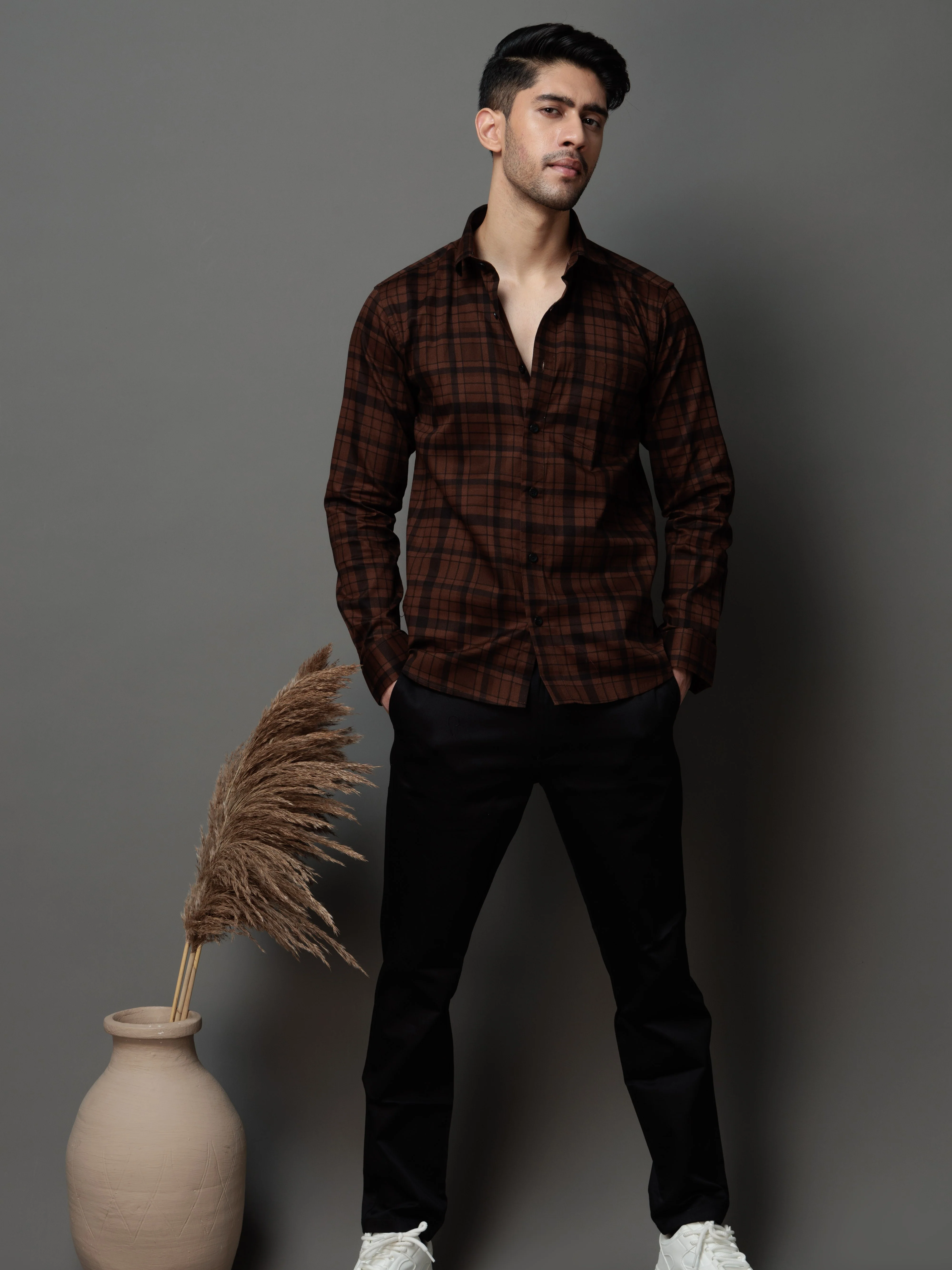 BROWN CHECKS PRINTED COTTON CASUAL SHIRT FOR MEN'S - Image 2
