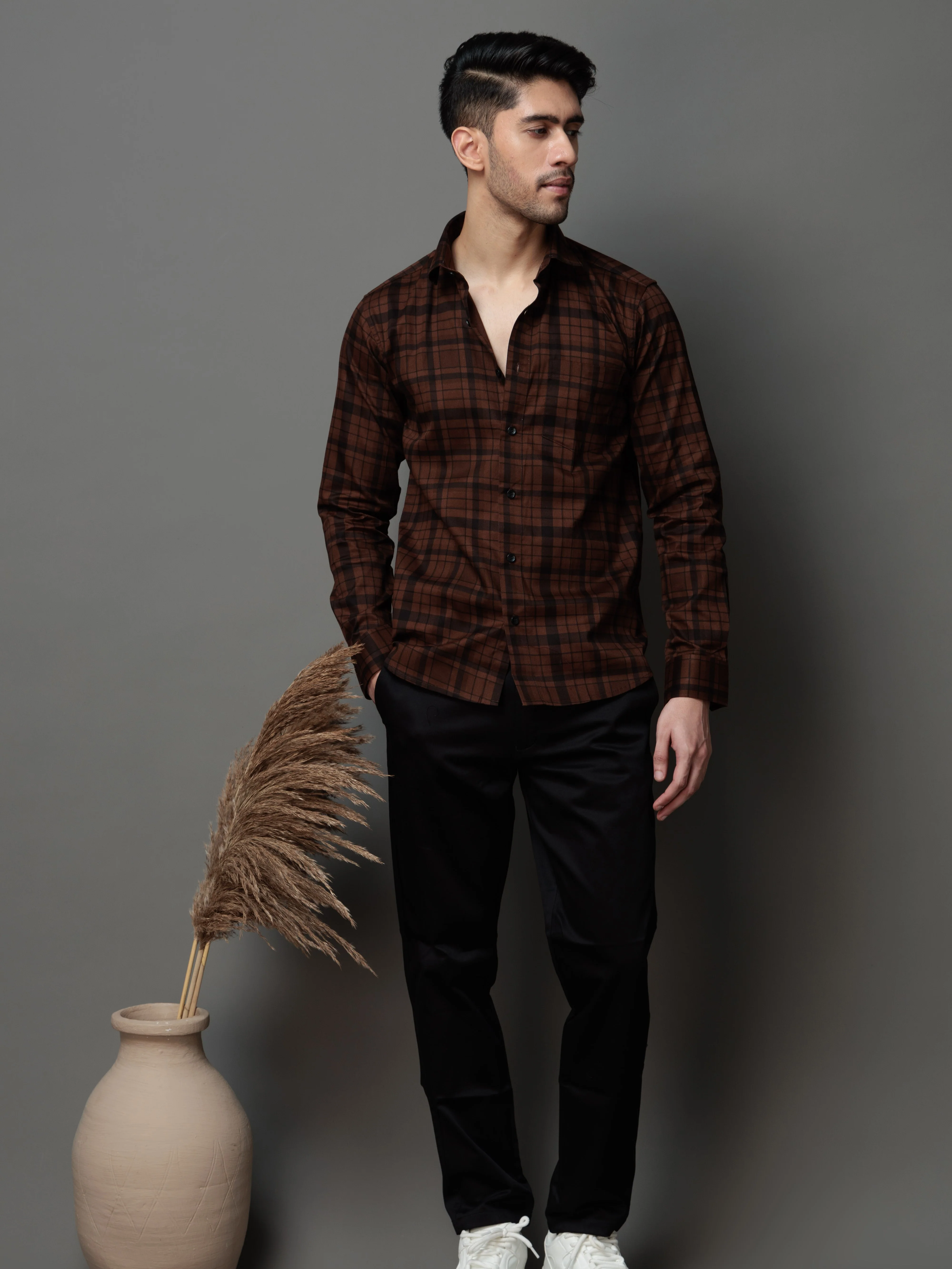 BROWN CHECKS PRINTED COTTON CASUAL SHIRT FOR MEN'S - Image 3