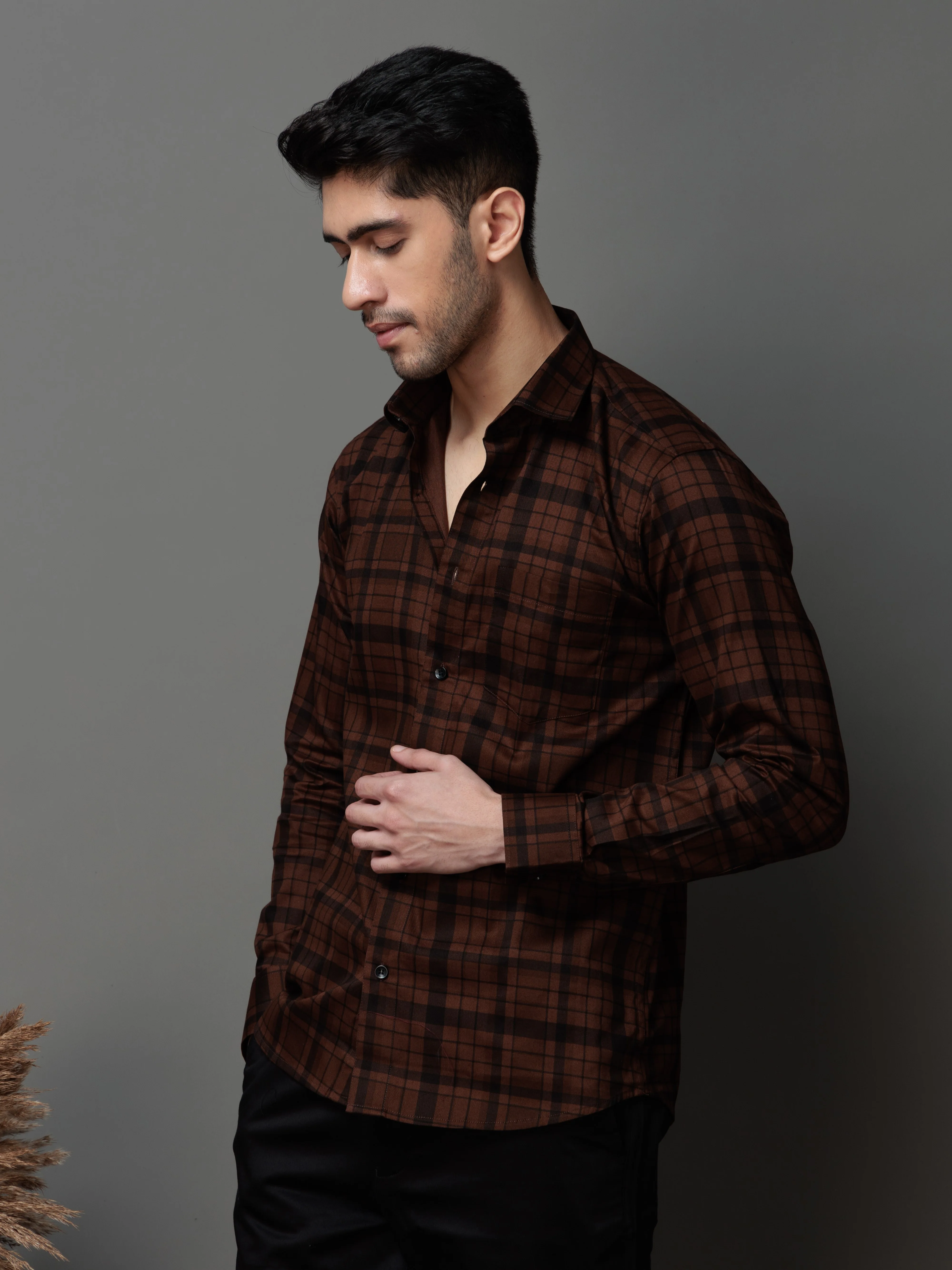 BROWN CHECKS PRINTED COTTON CASUAL SHIRT FOR MEN'S - Image 4