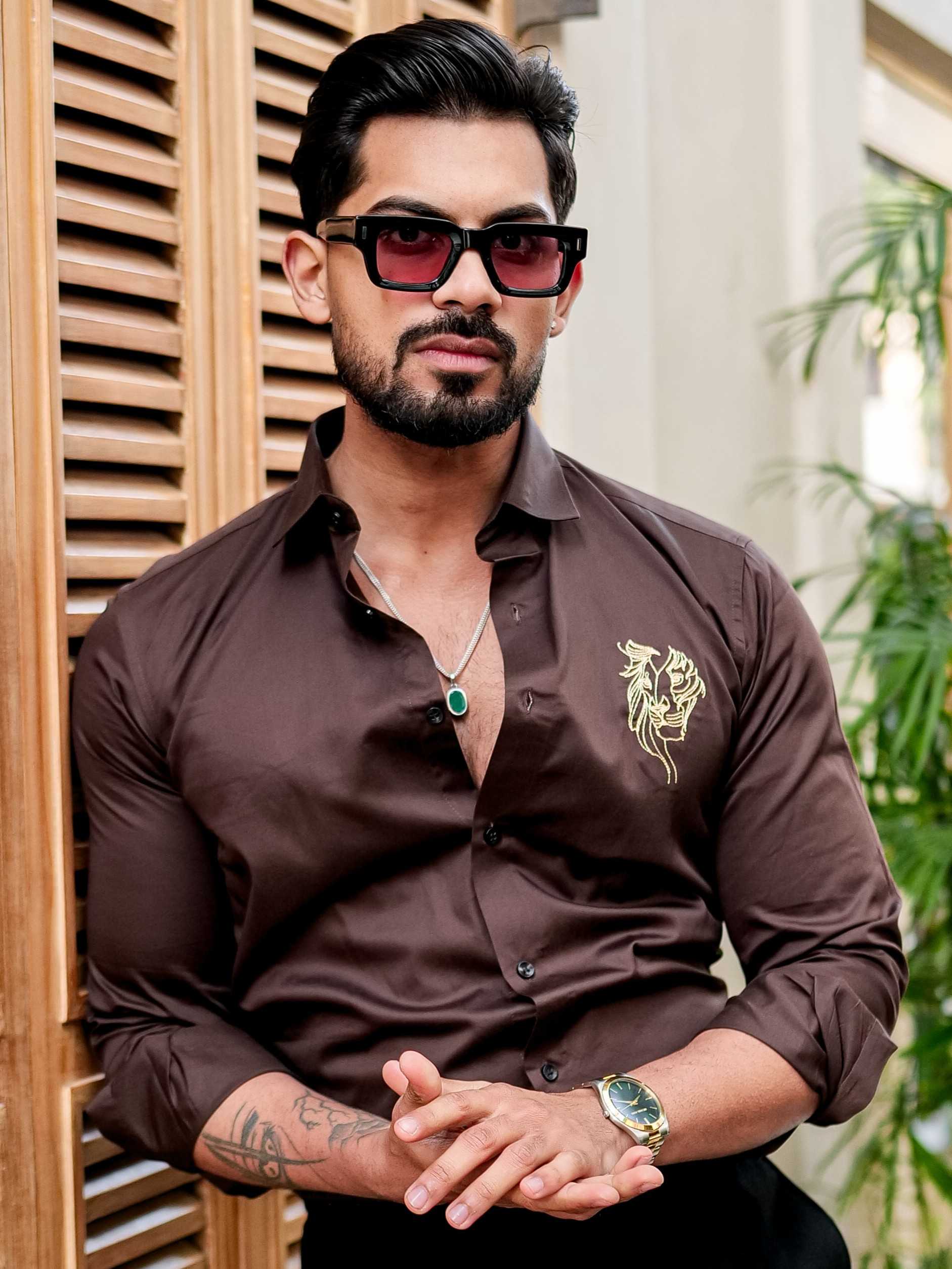 Brown Club Wear Embroidery Satin Cotton Shirt