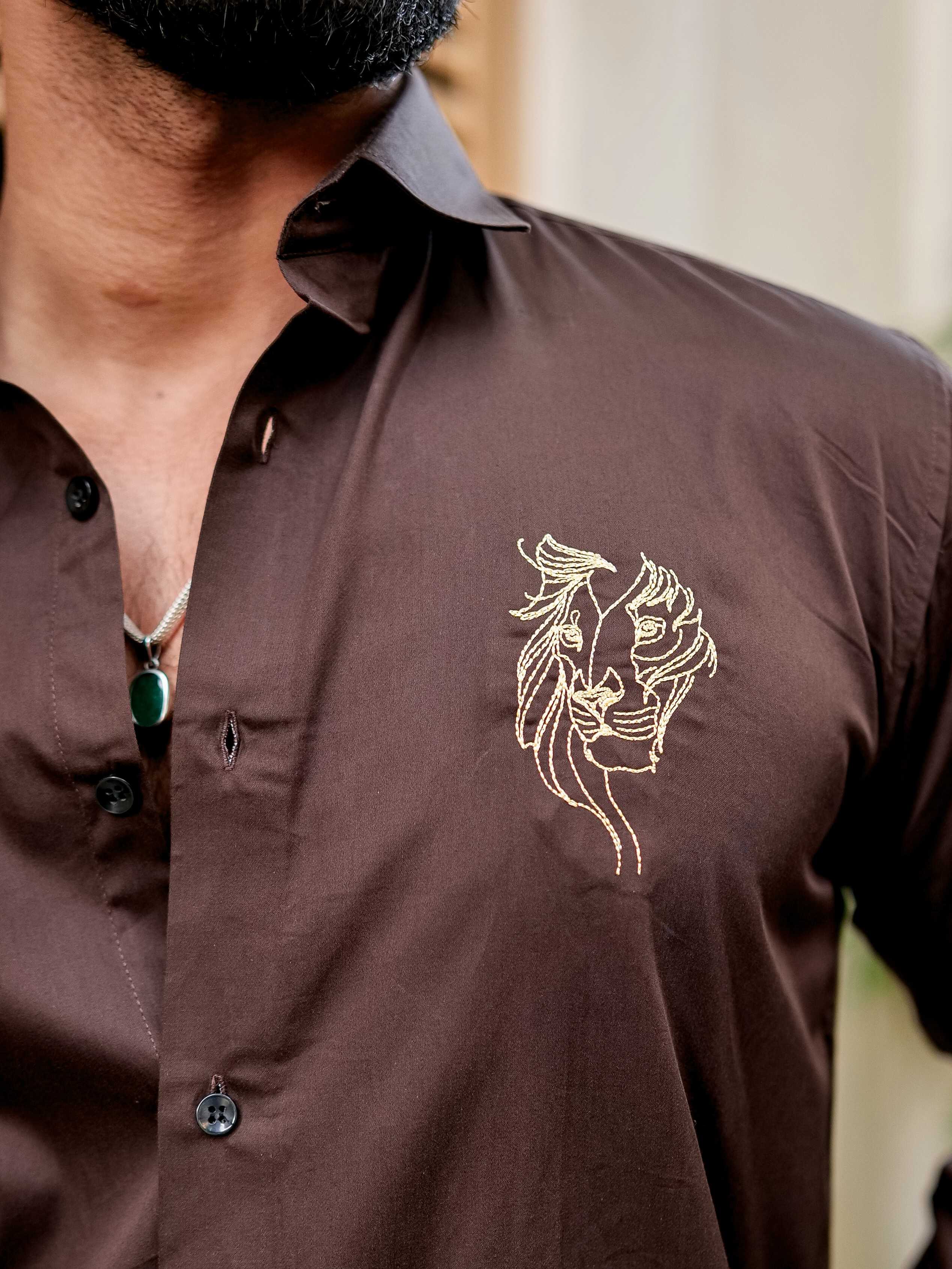 Brown Club Wear Embroidery Satin Cotton Shirt - Image 2