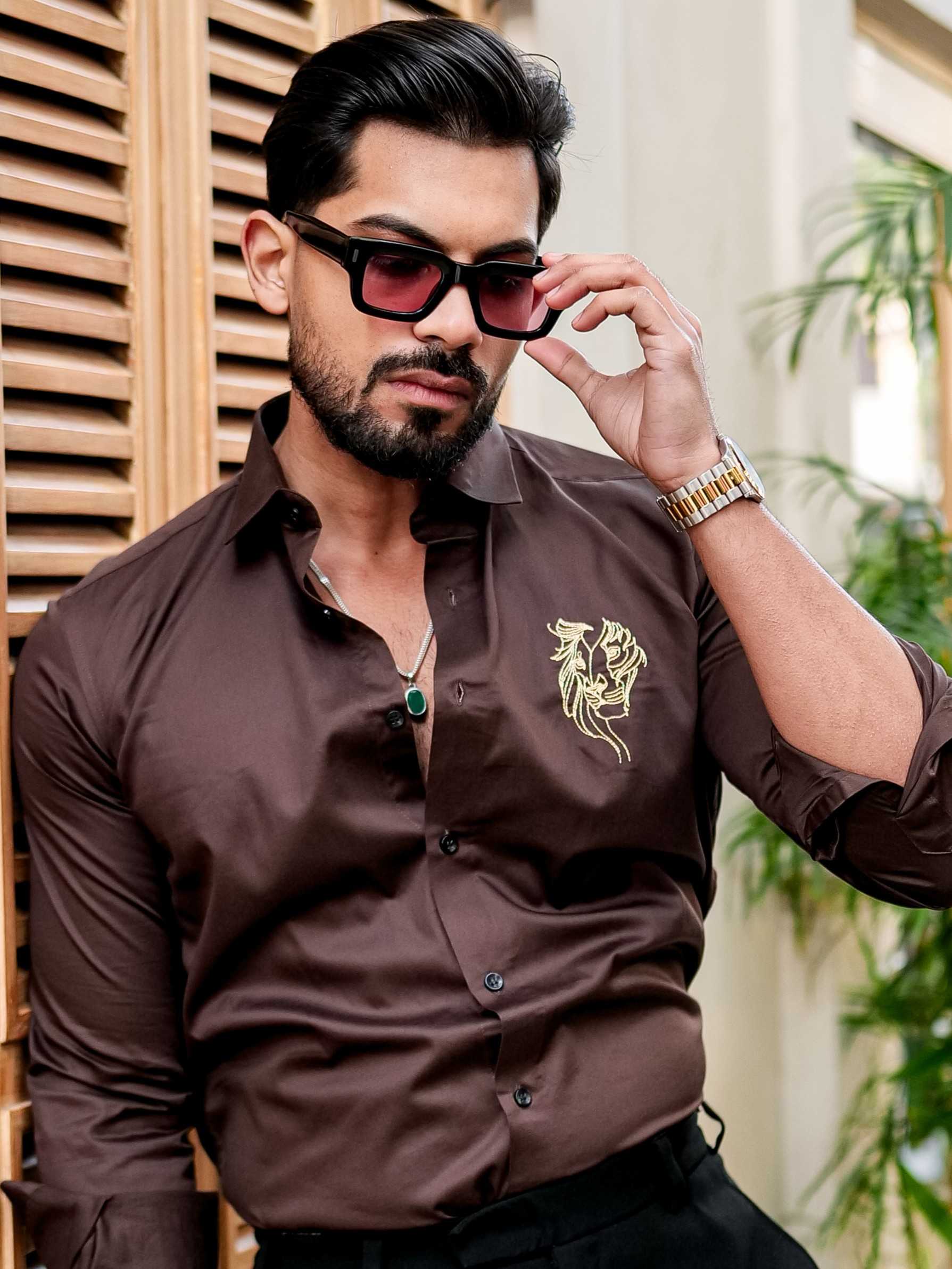 Brown Club Wear Embroidery Satin Cotton Shirt - Image 3
