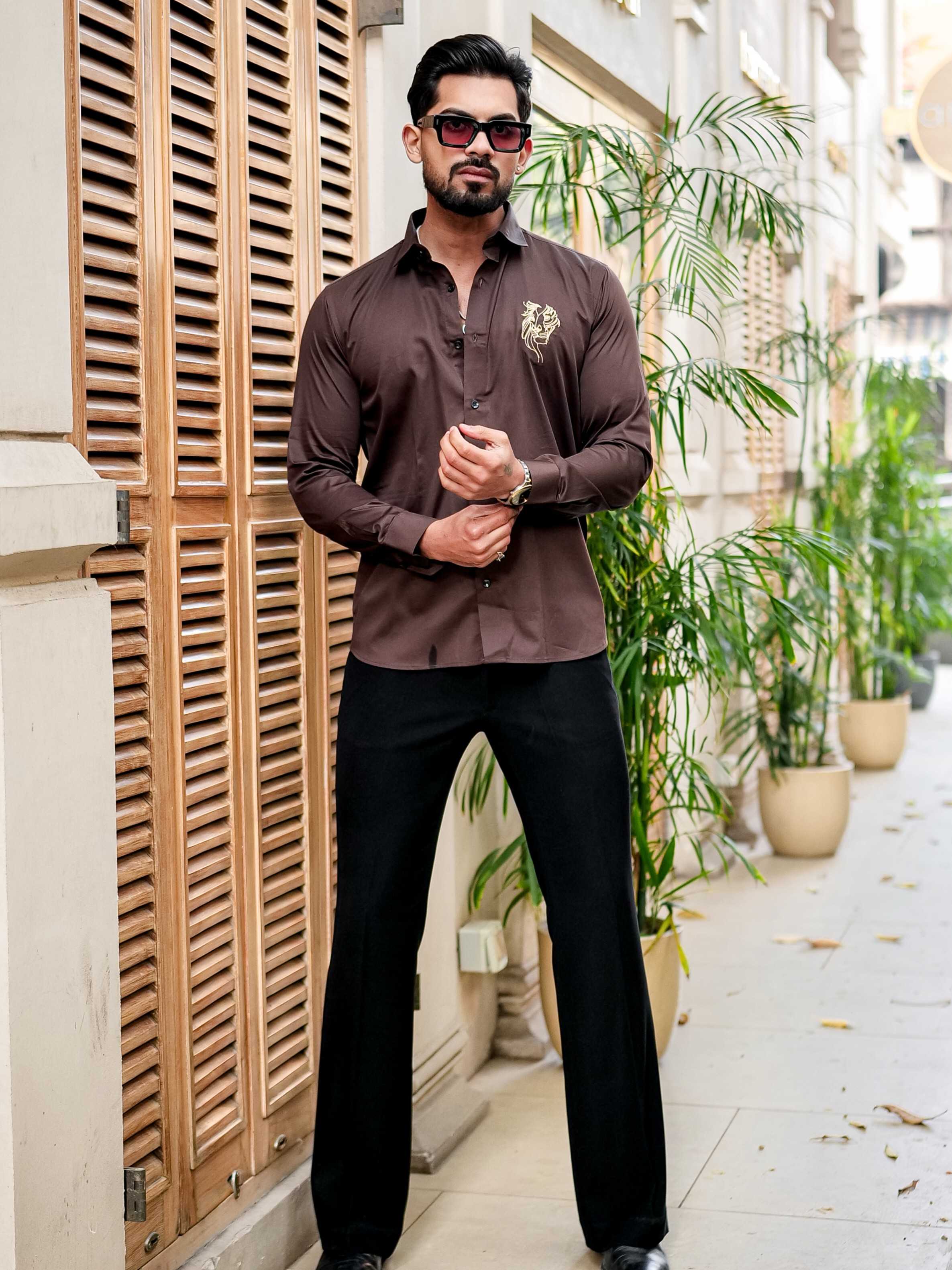 Brown Club Wear Embroidery Satin Cotton Shirt - Image 4