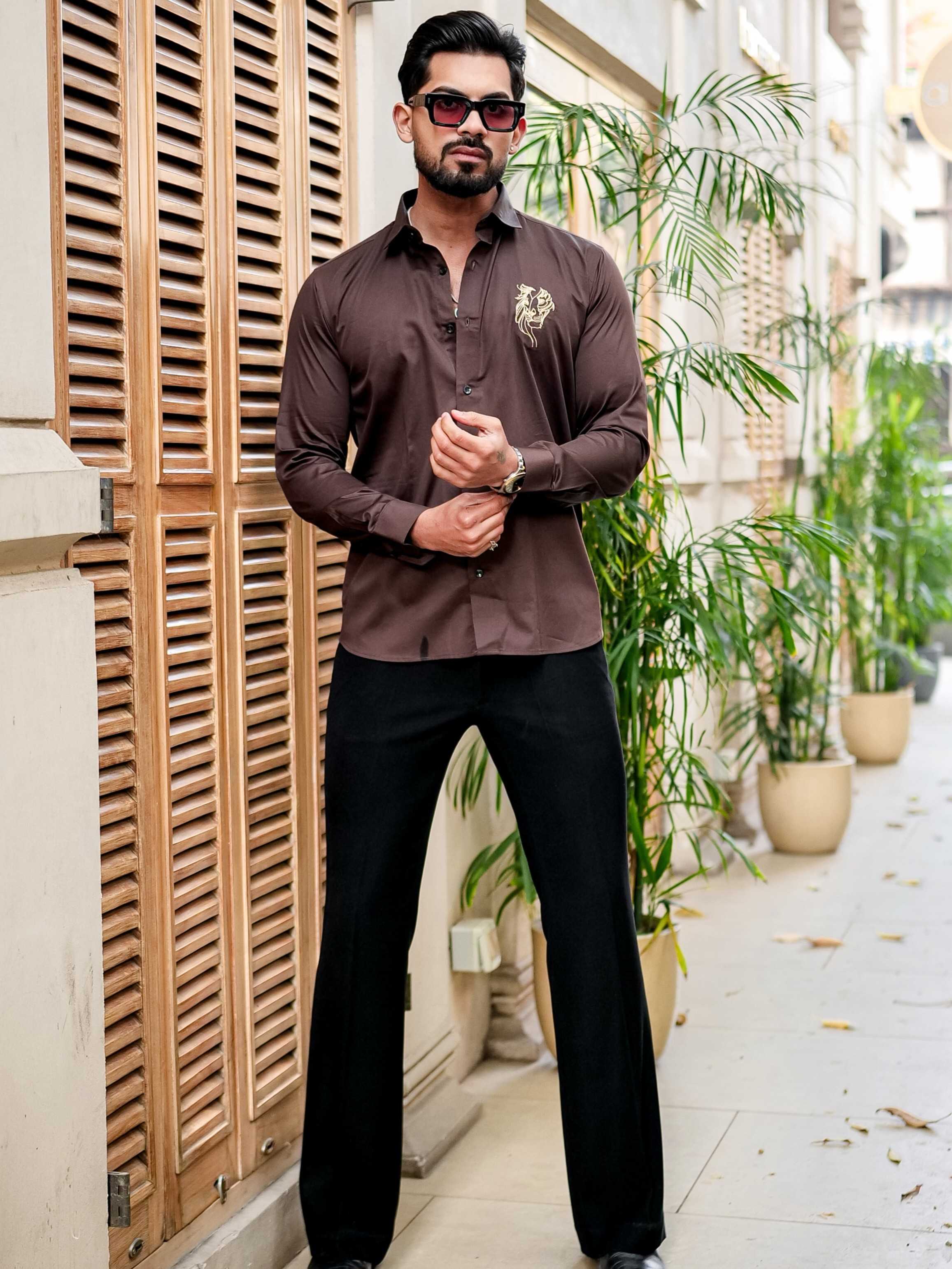 Brown Club Wear Embroidery Satin Cotton Shirt - Image 5